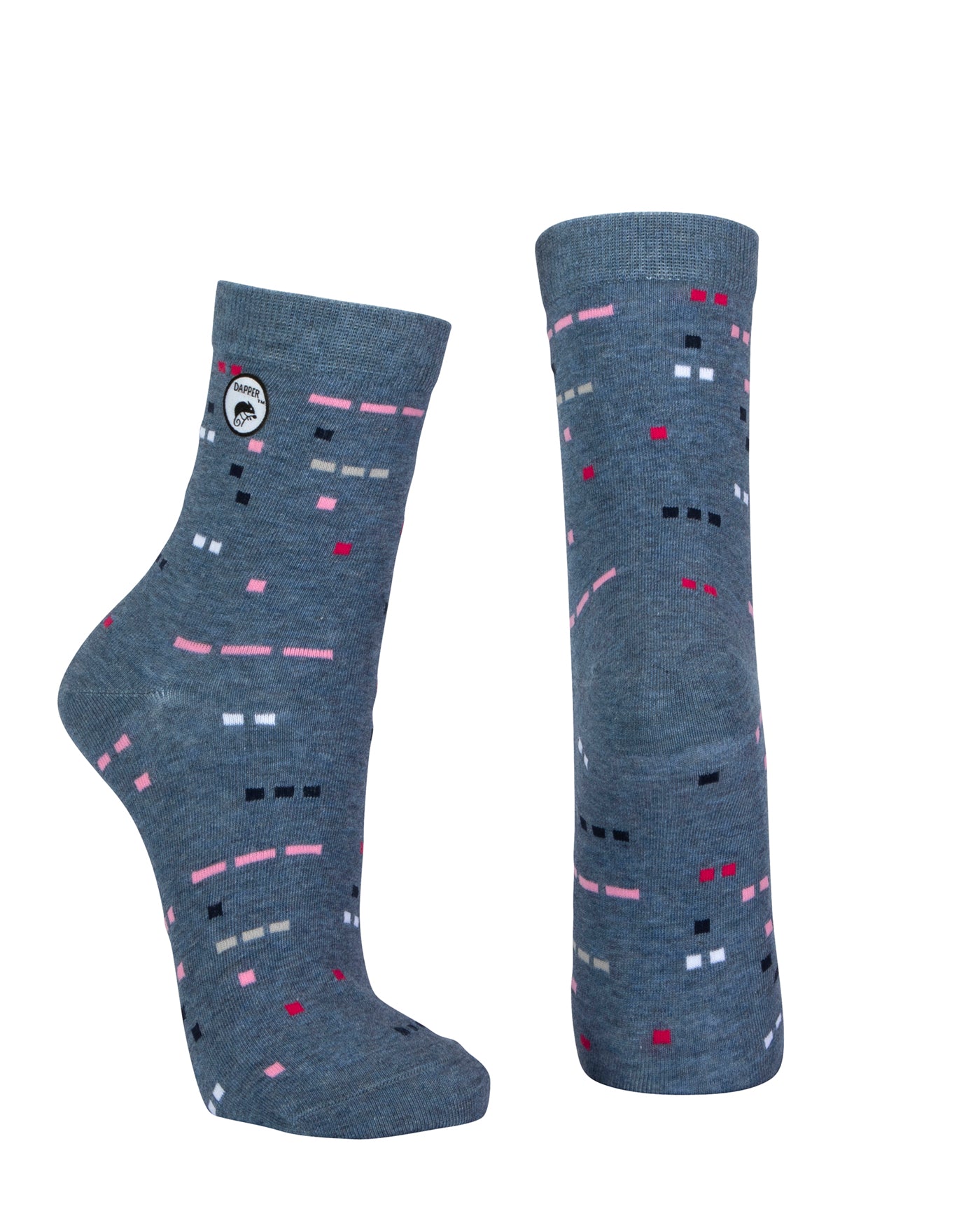 Combed cotton blue melange seamless toe anklet with pink, grey, black and white dots with a blue melange heel and toe.