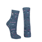 Combed cotton blue melange seamless toe anklet with pink, grey, black and white dots with a blue melange heel and toe.