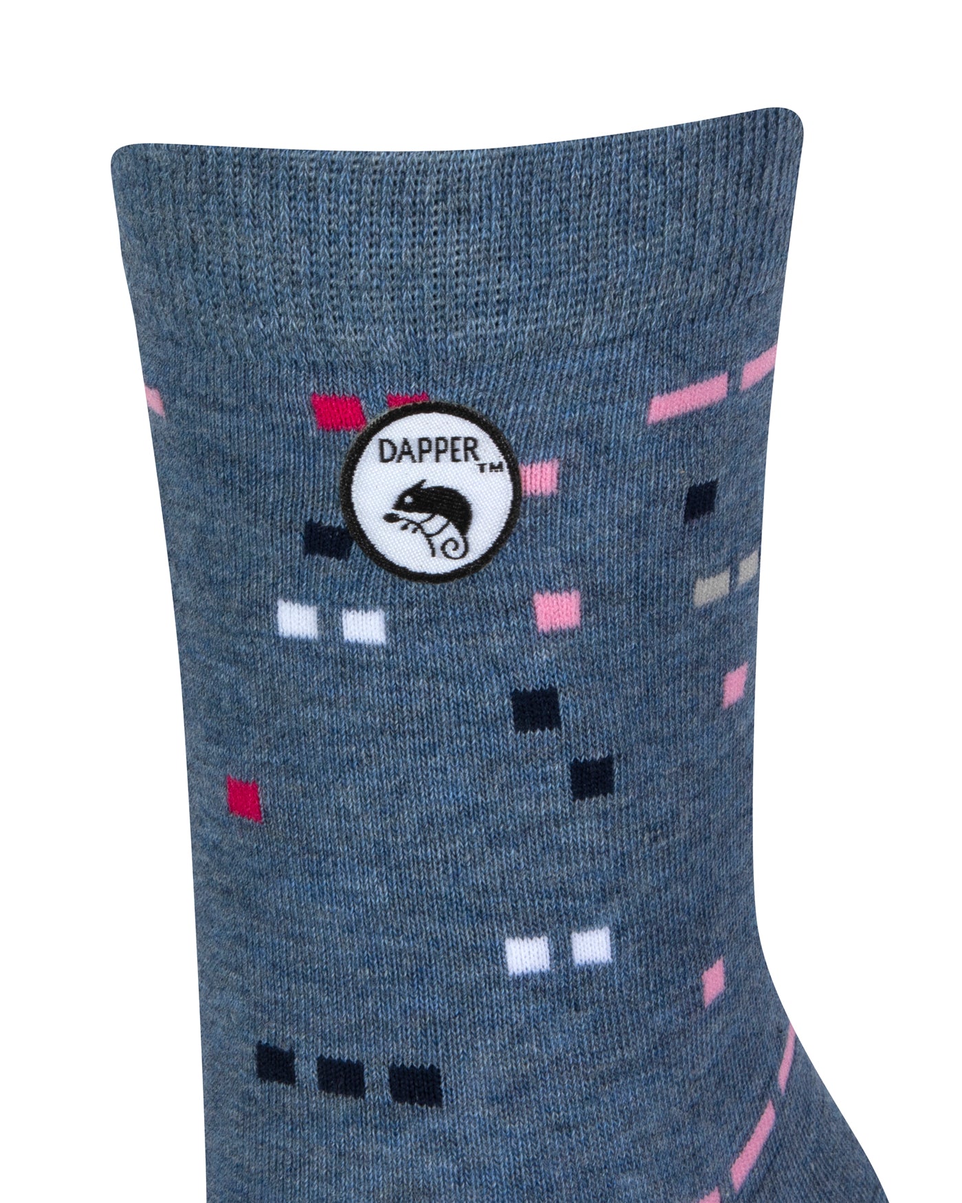 Side view of a combed cotton blue melange seamless toe anklet with pink, grey, black and white dots with Dapper Chameleon logo.