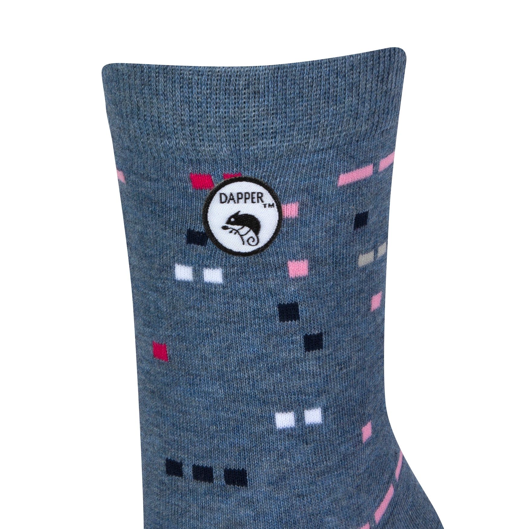 Side view of a combed cotton blue melange seamless toe anklet with pink, grey, black and white dots with Dapper Chameleon logo.