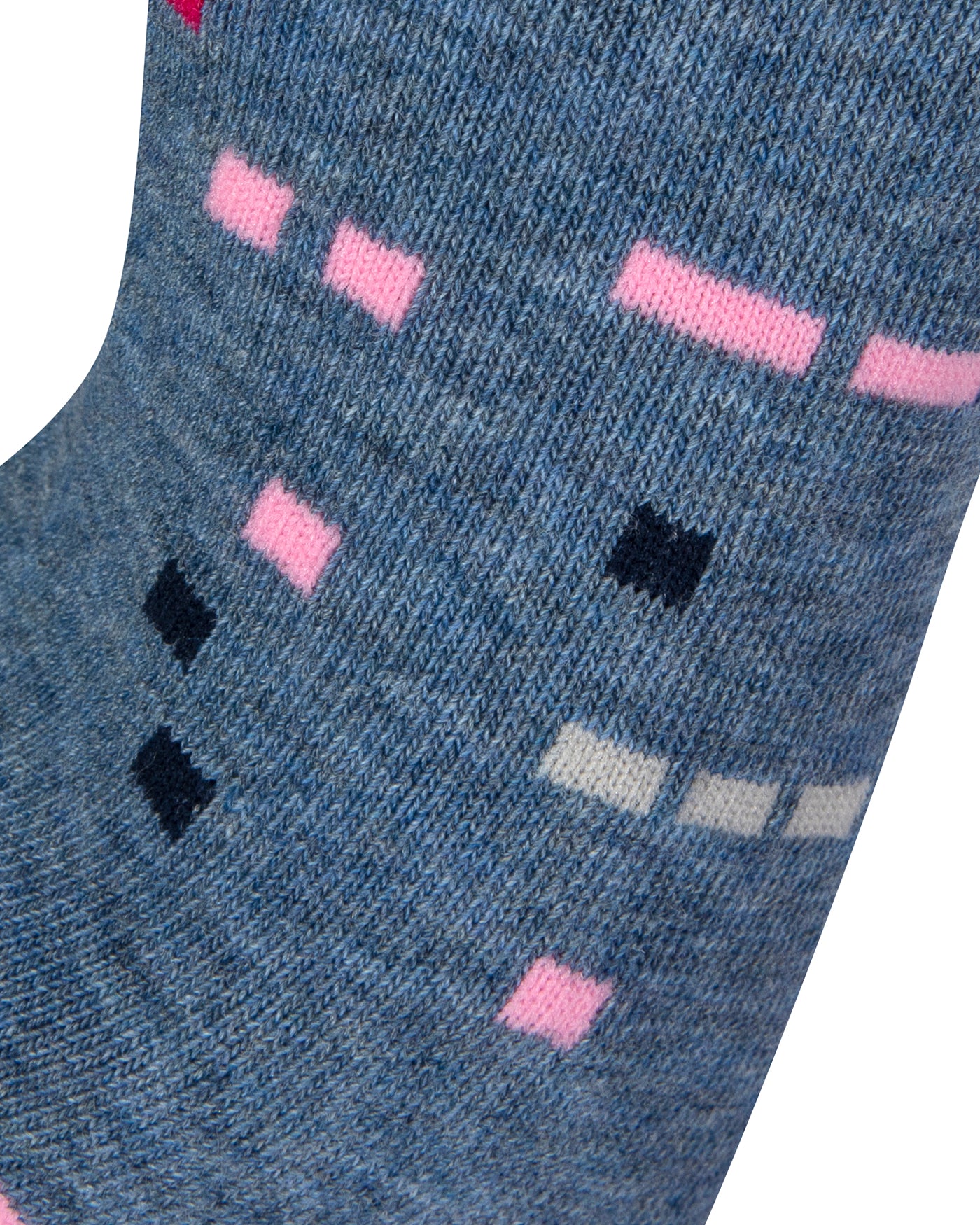 Textured view of a combed cotton blue melange seamless toe anklet with pink, grey, black and white dots.