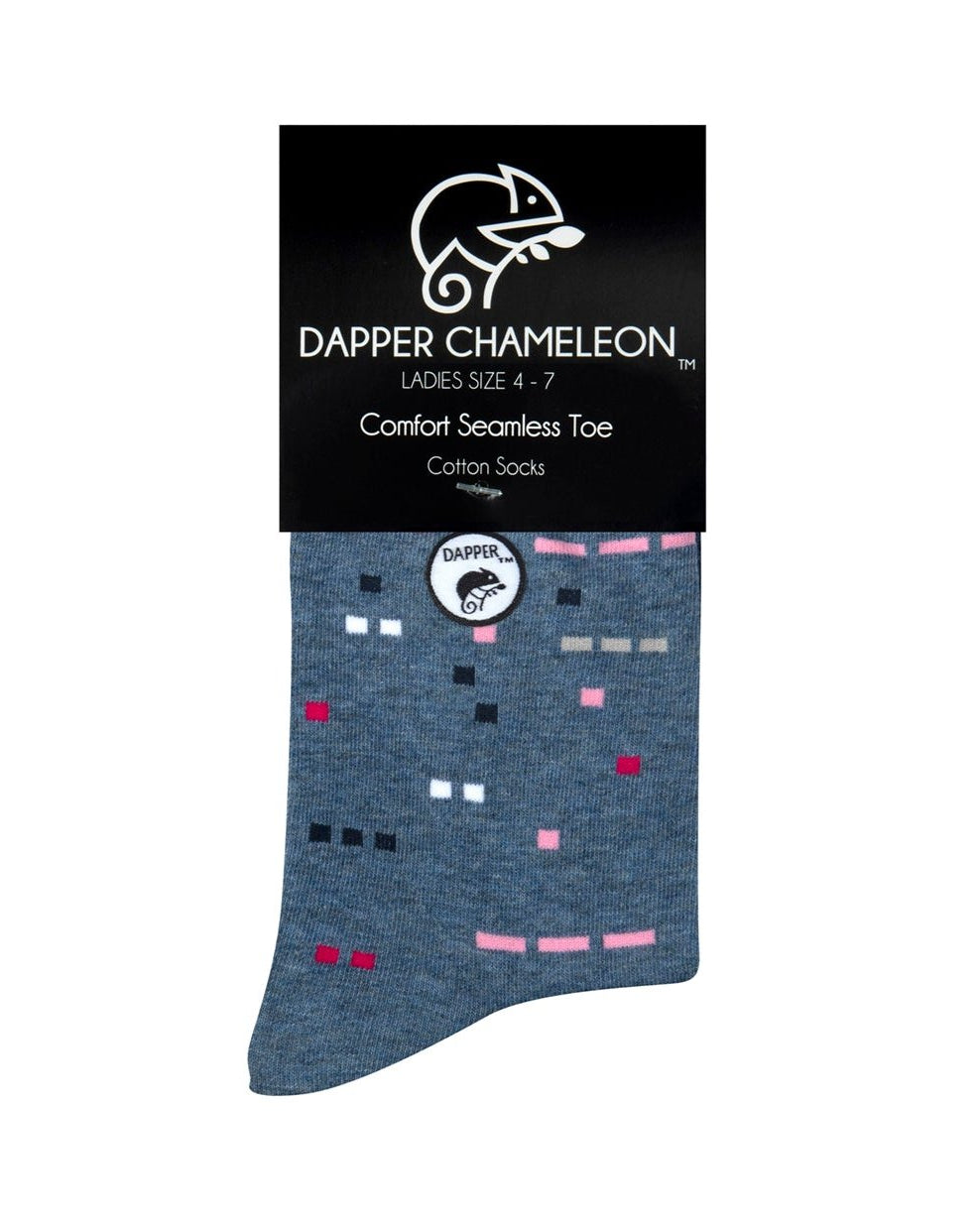 Header card packaging of a combed cotton blue melange seamless toe anklet with pink, grey, black and white dots with a blue melange heel and toe.