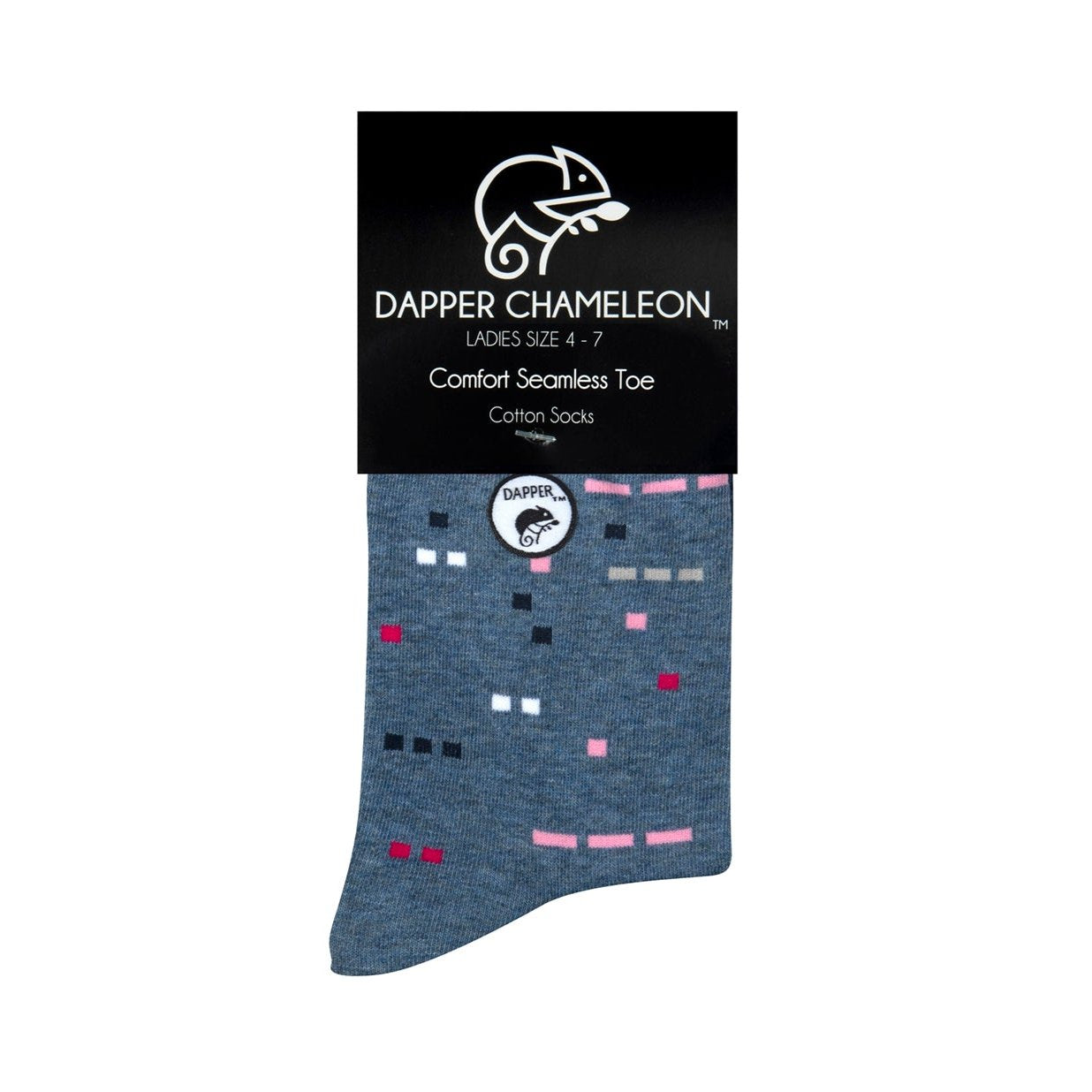Header card packaging of a combed cotton blue melange seamless toe anklet with pink, grey, black and white dots with a blue melange heel and toe.