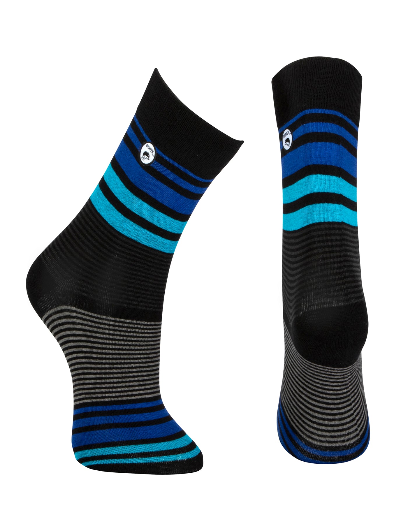 Combed cotton black seamless toe anklet with royal and sky blue and grey stripes with a black heel and toe.
