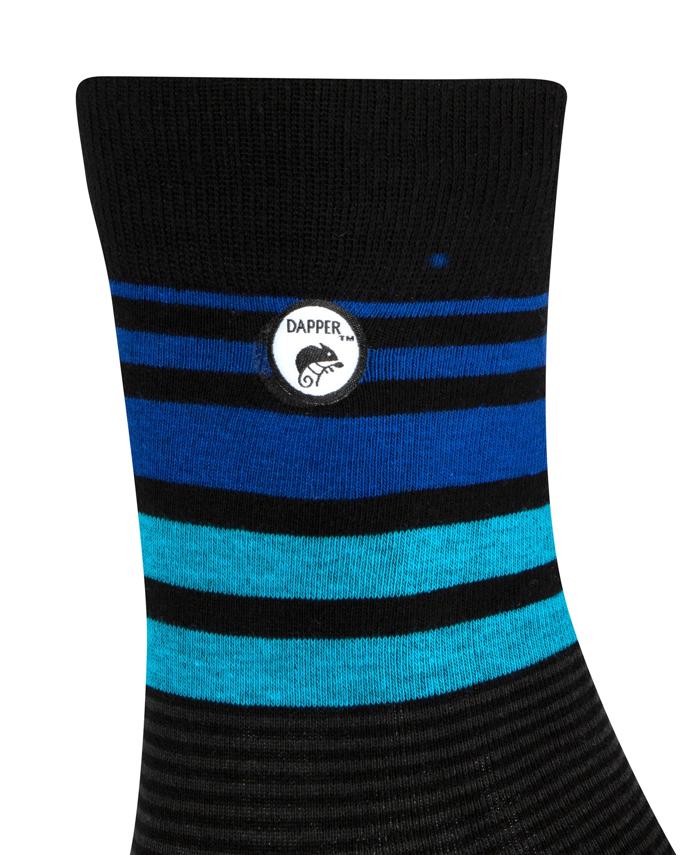 Side view of a combed cotton black seamless toe anklet with royal and sky blue and grey stripes with Dapper Chameleon logo.