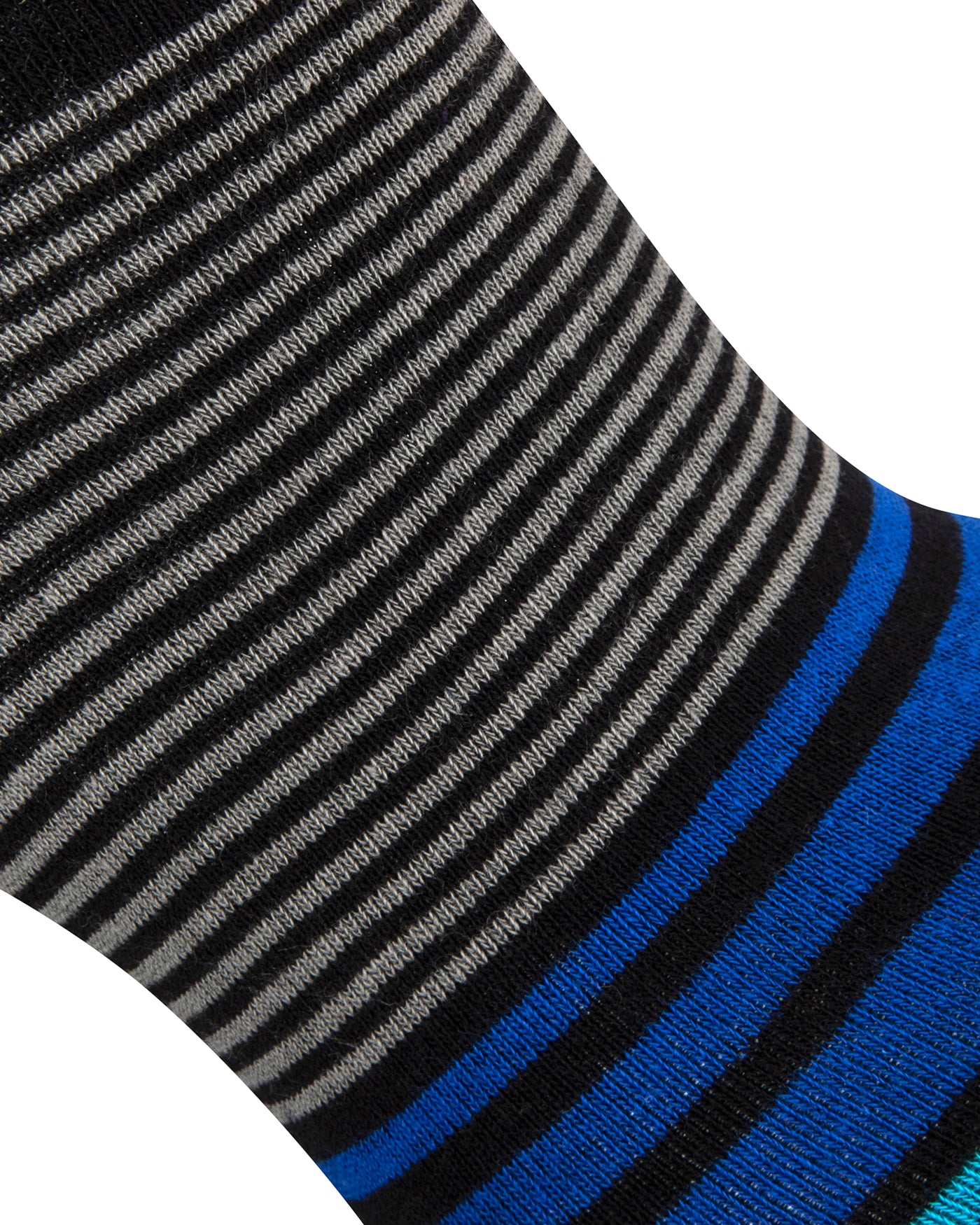 Textured view of a combed cotton black seamless toe anklet with royal and sky blue and grey stripes.
