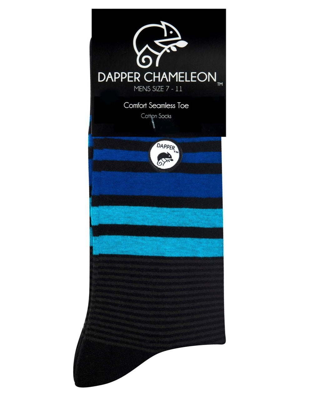 Header card packaging of a combed cotton black seamless toe anklet with royal and sky blue and grey stripes with a black heel and toe.