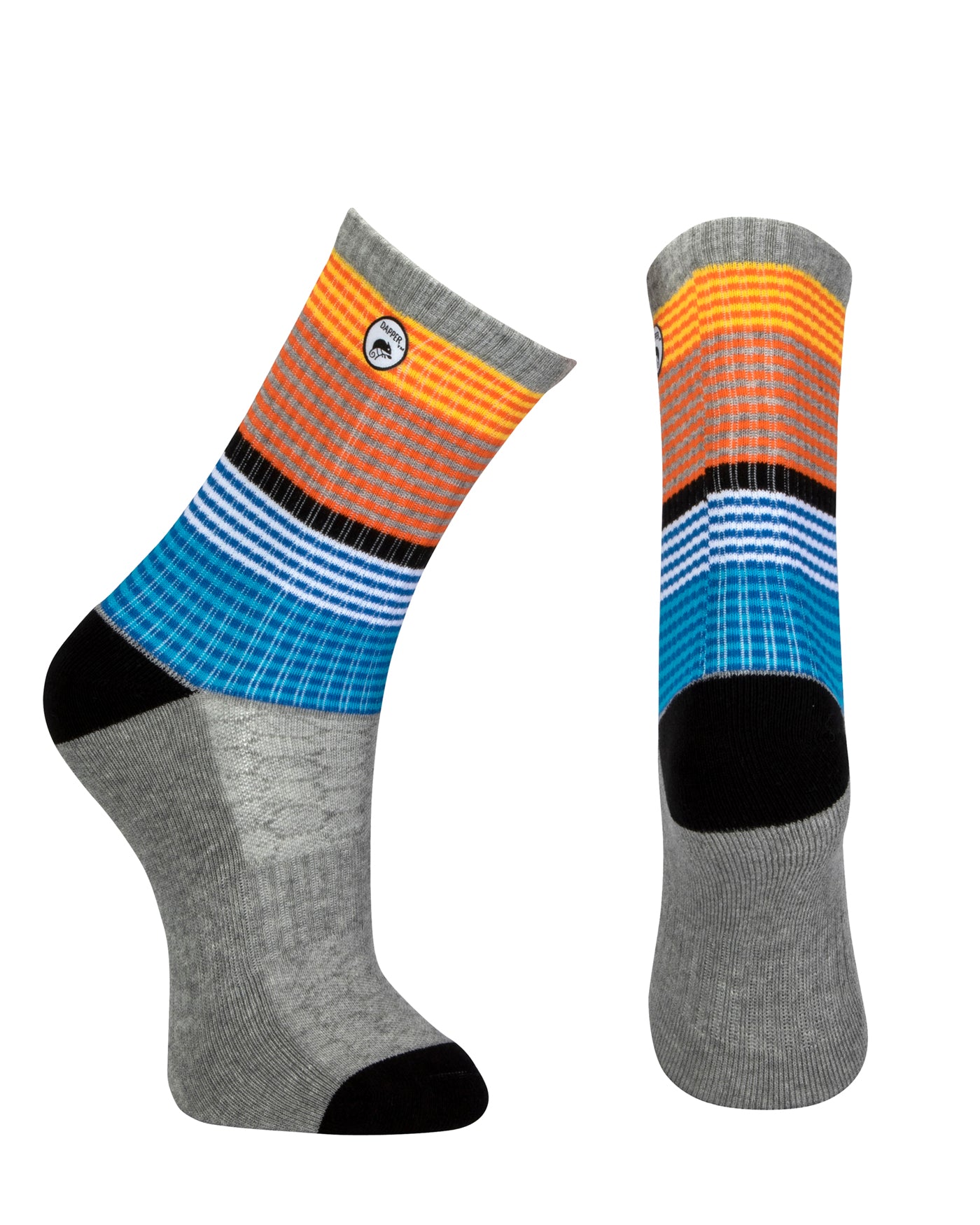 Long length ribbed grey combed cotton seamless toe anklet with yellow, orange, black, white, royal and sky blue stripes with a cushioned grey foot and circular gripper around the arch with a black heel and toe.