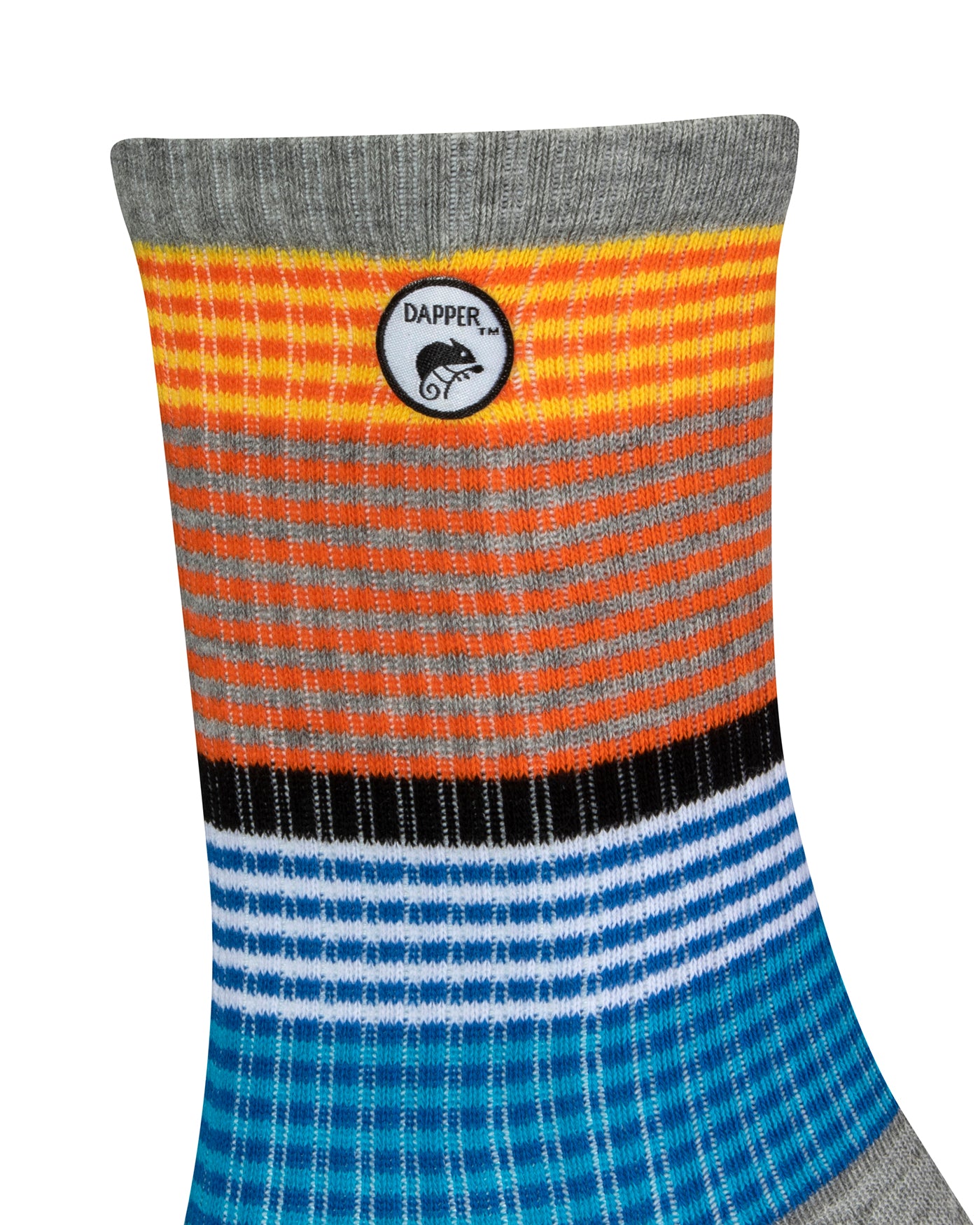 Side view of a long length ribbed grey combed cotton seamless toe anklet with yellow, orange, black, white, royal and sky blue stripes with Dapper Chameleon logo.