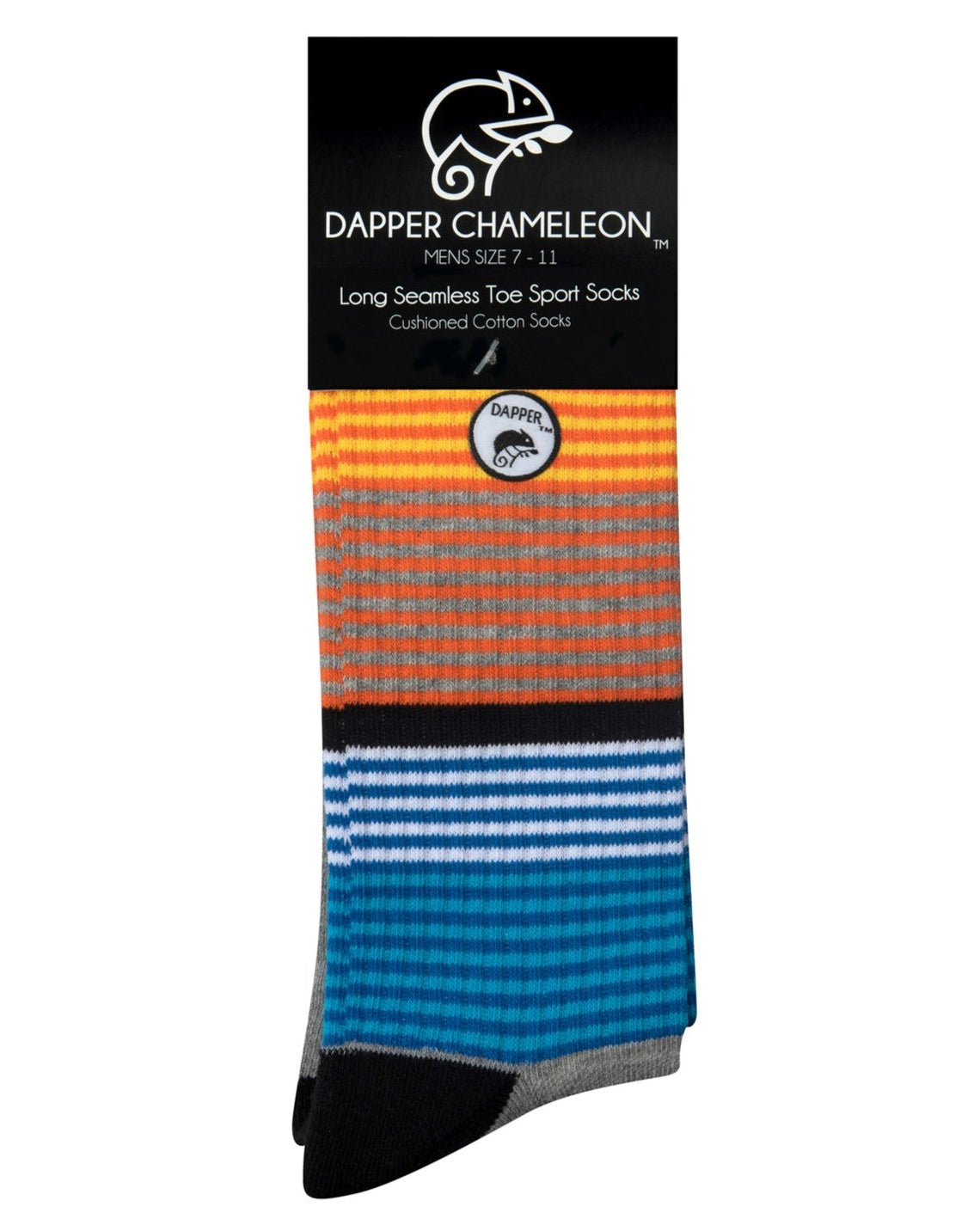Header card packaging of a long length ribbed grey combed cotton seamless toe anklet with yellow, orange, black, white, royal and sky blue stripes with a grey cushioned foot and grey circular gripper around the arch with a black heel and toe.