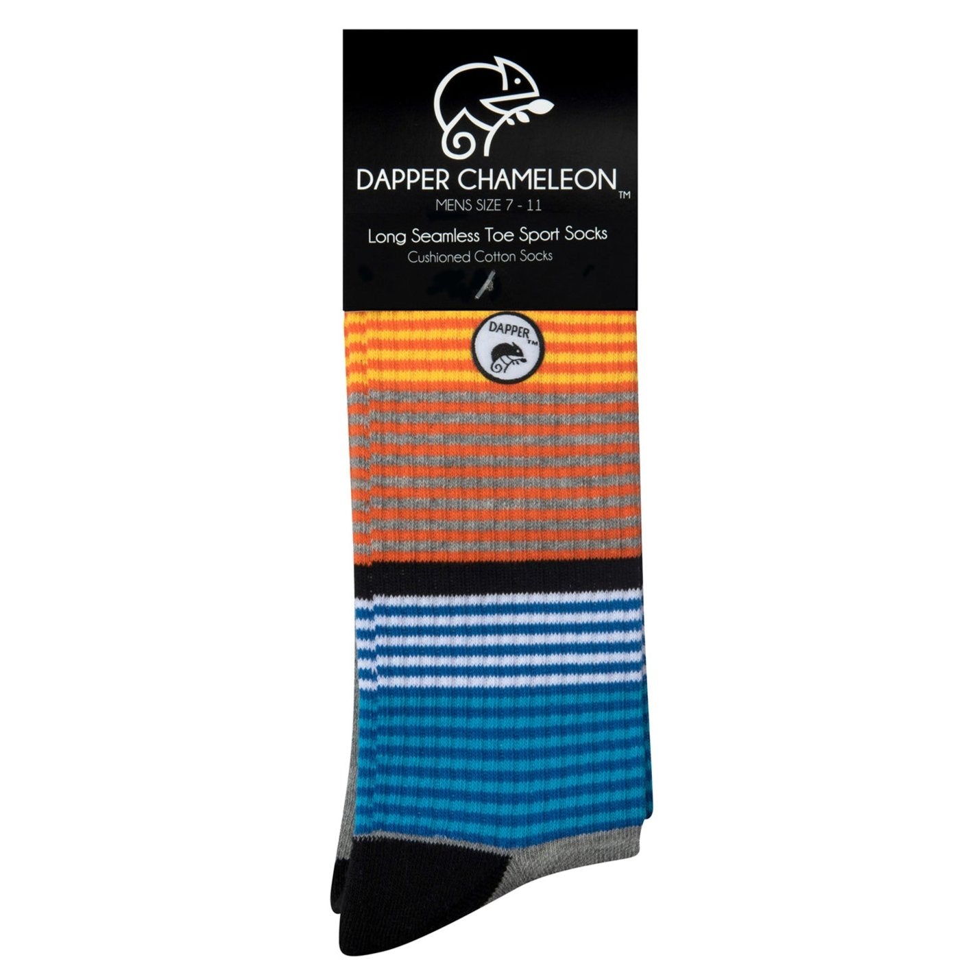 Header card packaging of a long length ribbed grey combed cotton seamless toe anklet with yellow, orange, black, white, royal and sky blue stripes with a grey cushioned foot and grey circular gripper around the arch with a black heel and toe.