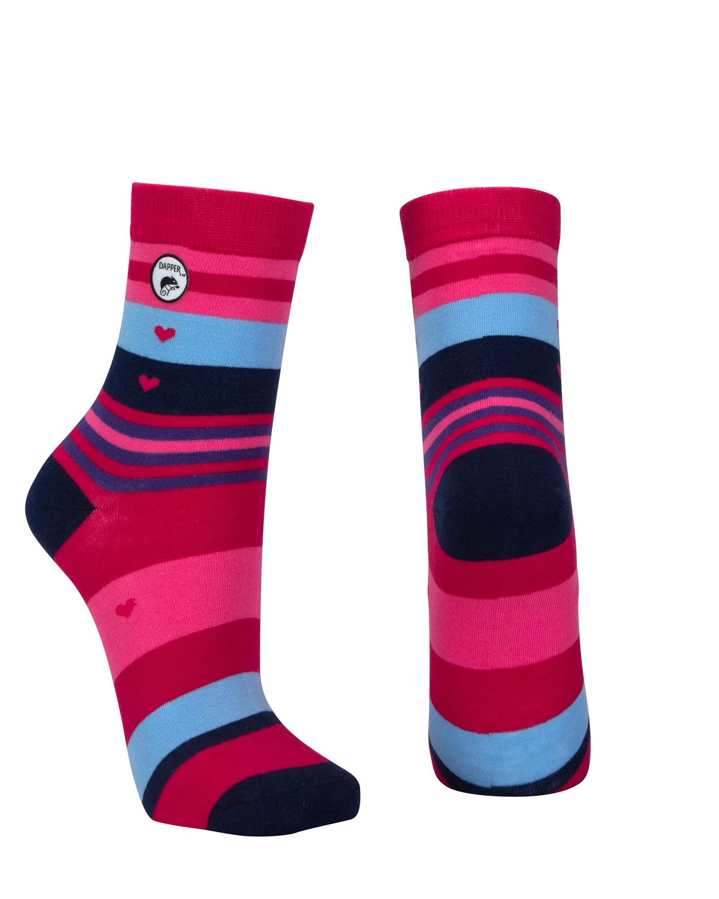 Combed cotton cerise pink seamless toe anklet with pink, navy, baby blue, purple and pink stripes and heart shapes with a navy blue heel and toe.