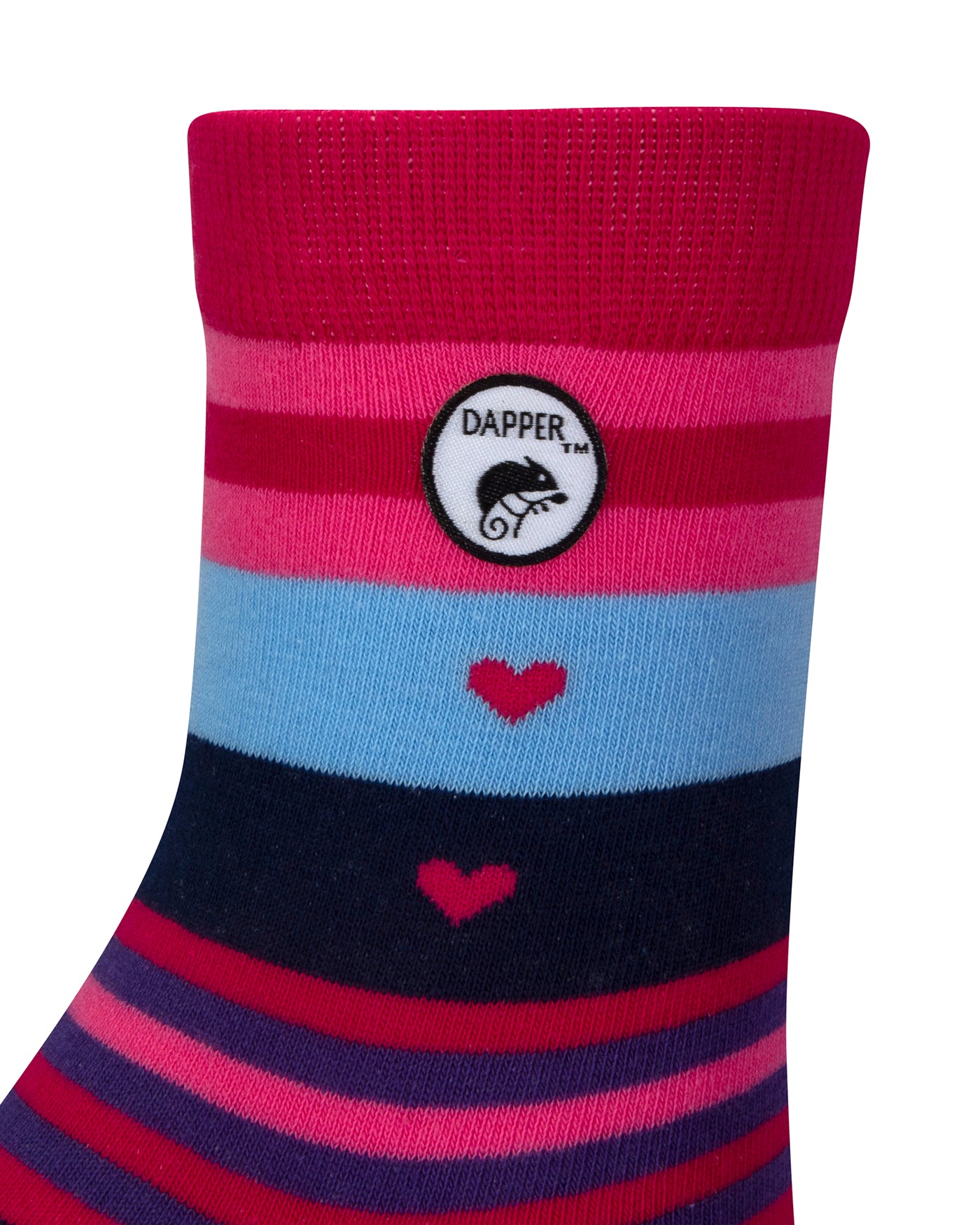 Side view of a combed cotton cerise pink seamless toe anklet with pink, navy, baby blue, purple and pink stripes and heart shapes with Dapper Chameleon logo.