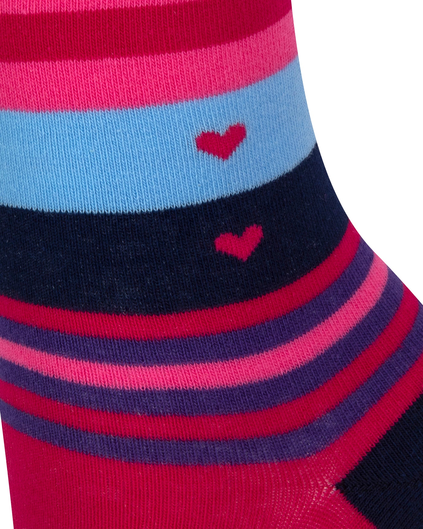 Textured view of a combed cotton cerise pink seamless toe anklet with pink, navy, baby blue, purple and pink stripes and heart shapes.