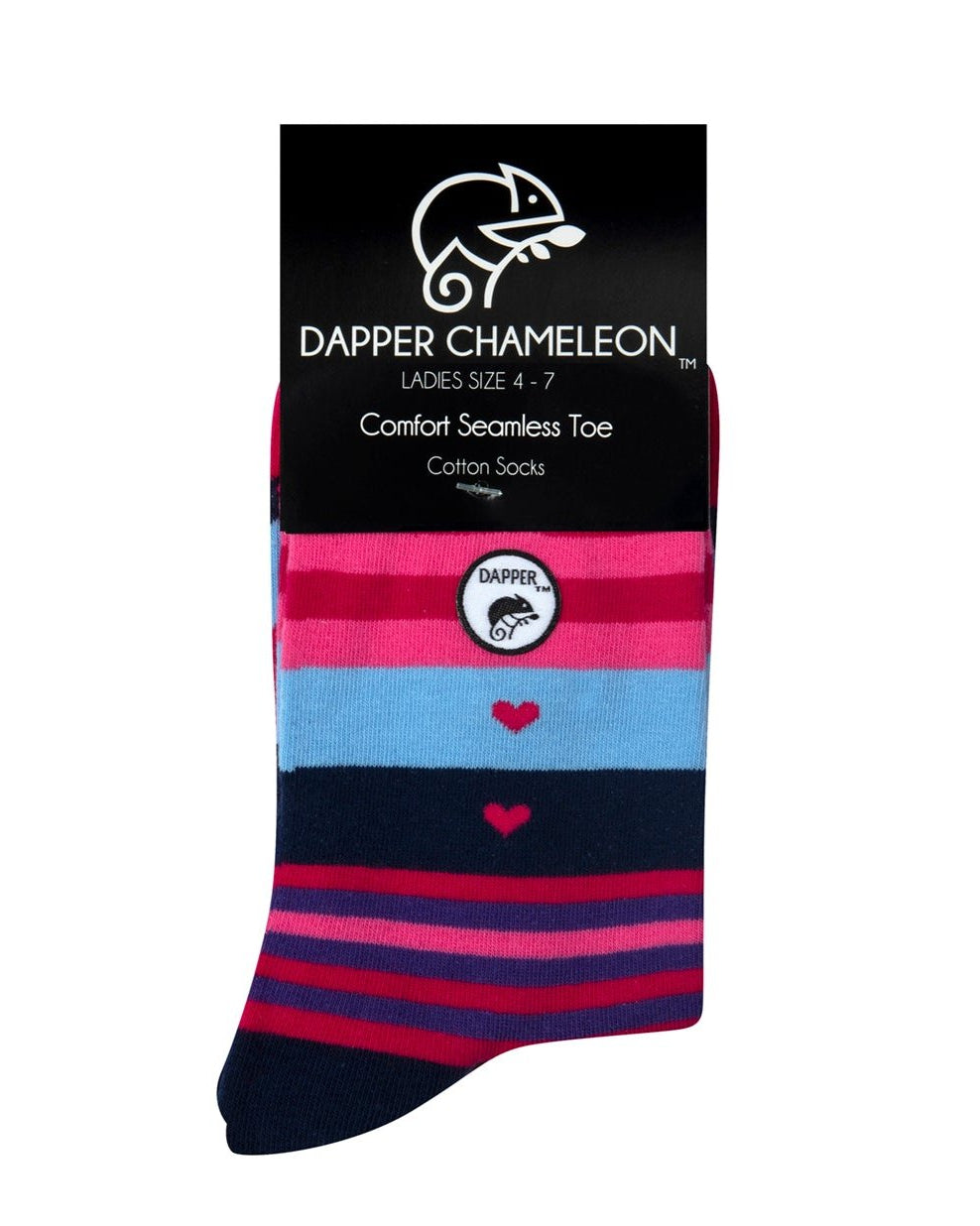 Header card packaging of a combed cotton cerise pink seamless toe anklet with pink, navy, baby blue, purple and pink stripes and heart shapes with a navy blue heel and toe.
