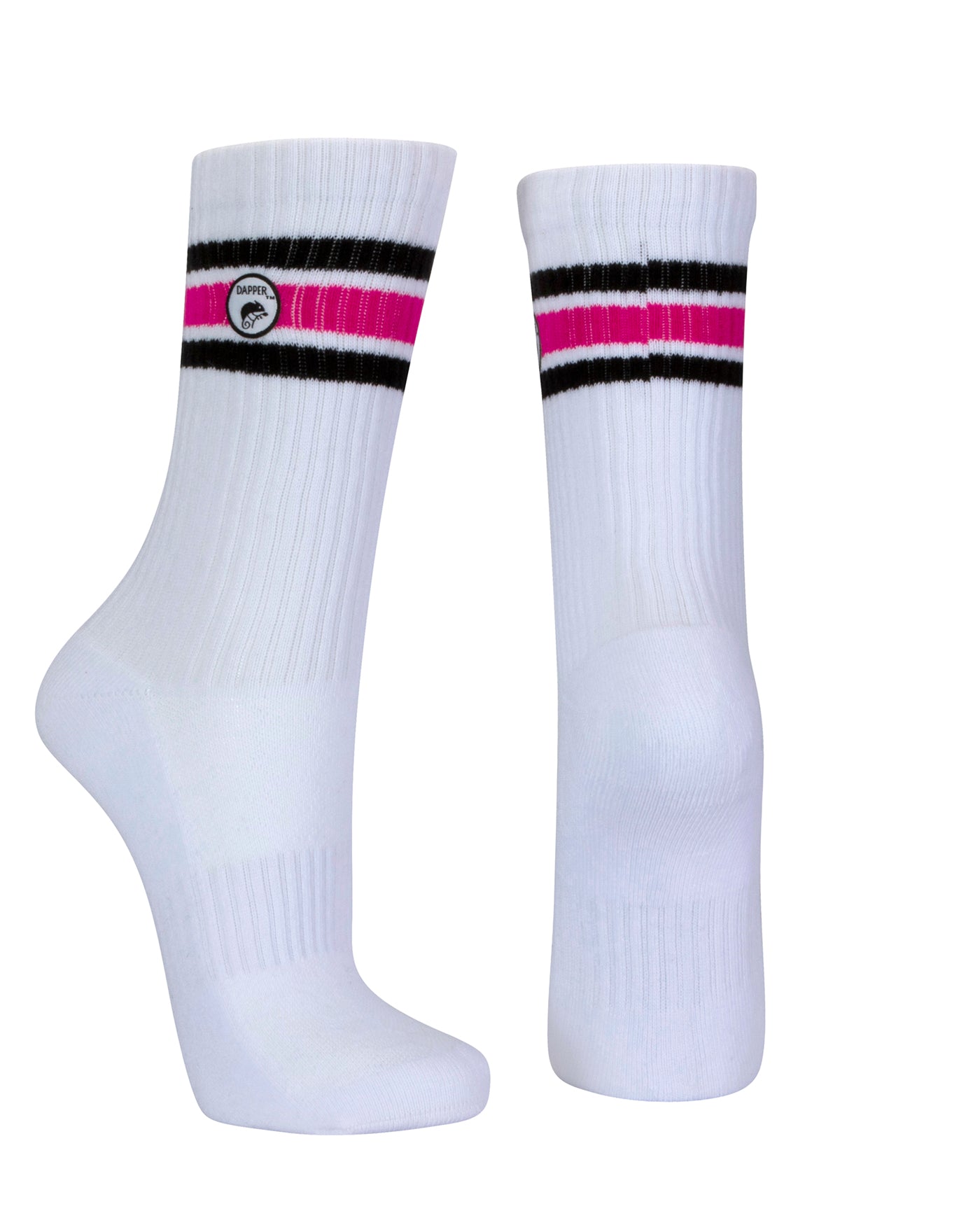 Long length ribbed white combed cotton seamless toe anklet with neon pink and white stripes with a white heel and toe, cushioned foot and circular gripper around the arch of the foot.