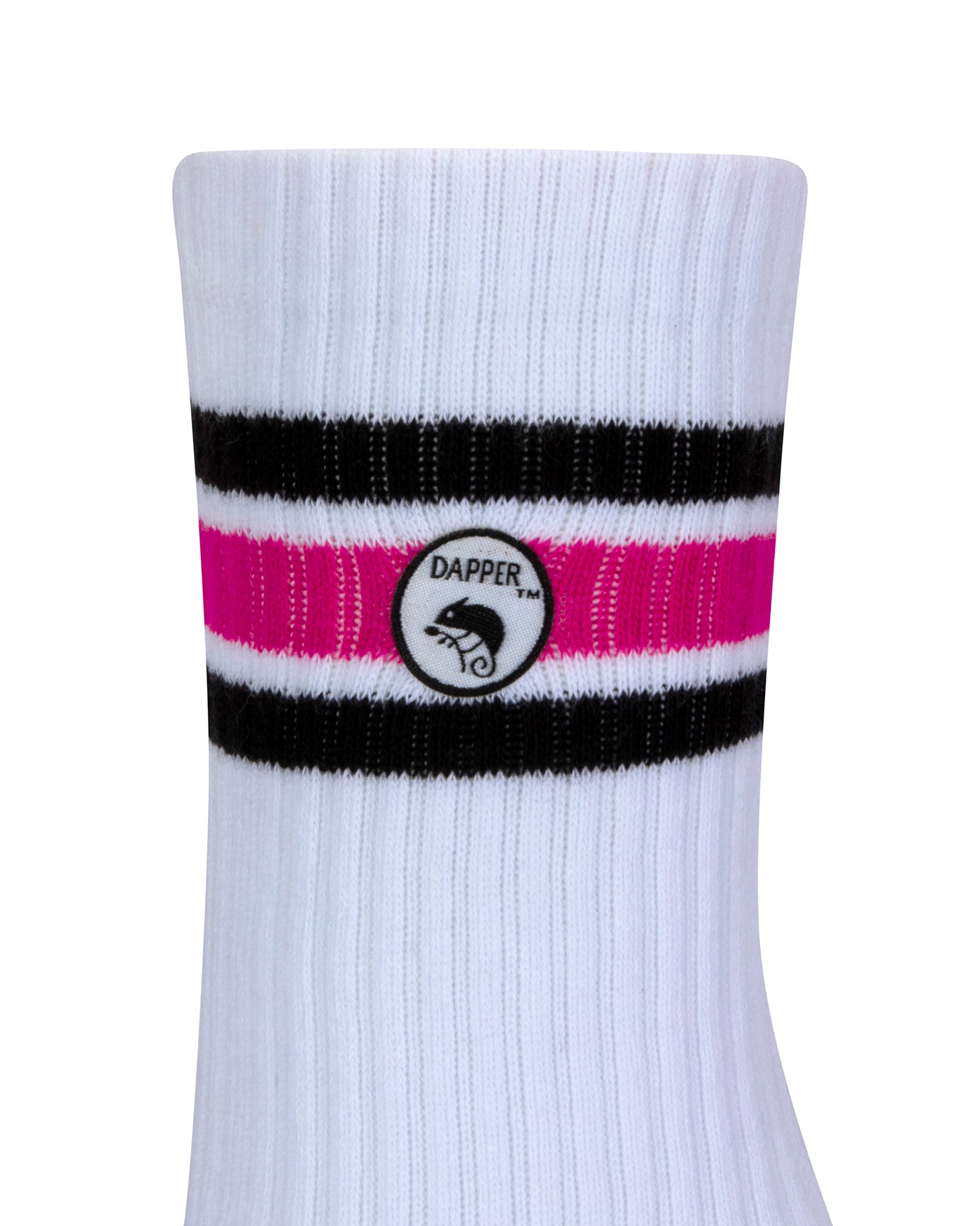 Side view of a long length ribbed white combed cotton seamless toe anklet with black and neon pink and stripes with Dapper Chameleon logo.