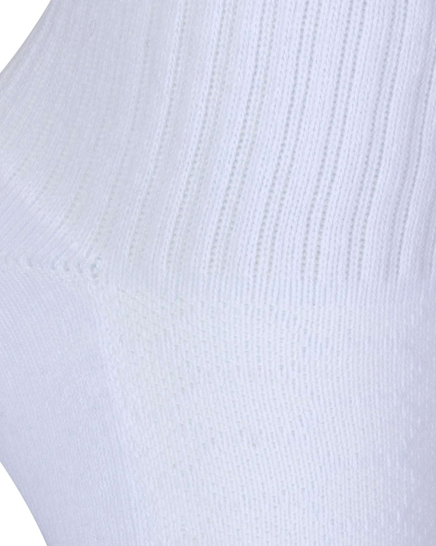 Textured heel view of a long length ribbed white combed cotton seamless toe anklet with white heel, toe and cushioned foot.