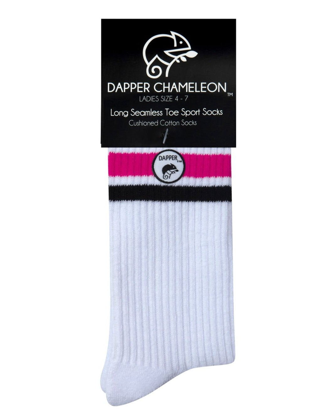 Header card packaging of a long length ribbed white combed cotton seamless toe anklet with neon pink and white stripes with a white heel and toe, cushioned foot and circular gripper around the arch of the foot.