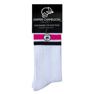 Header card packaging of a long length ribbed white combed cotton seamless toe anklet with neon pink and white stripes with a white heel and toe, cushioned foot and circular gripper around the arch of the foot.