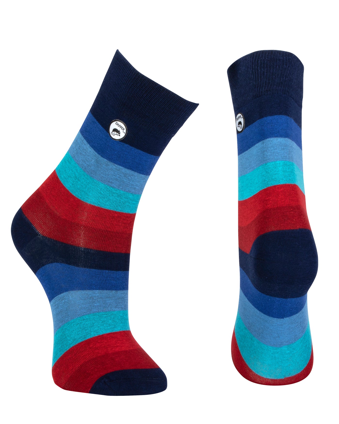 Combed cotton dark blue seamless toe anklet with blue, red and maroon stripes with a dark blue heel and toe.