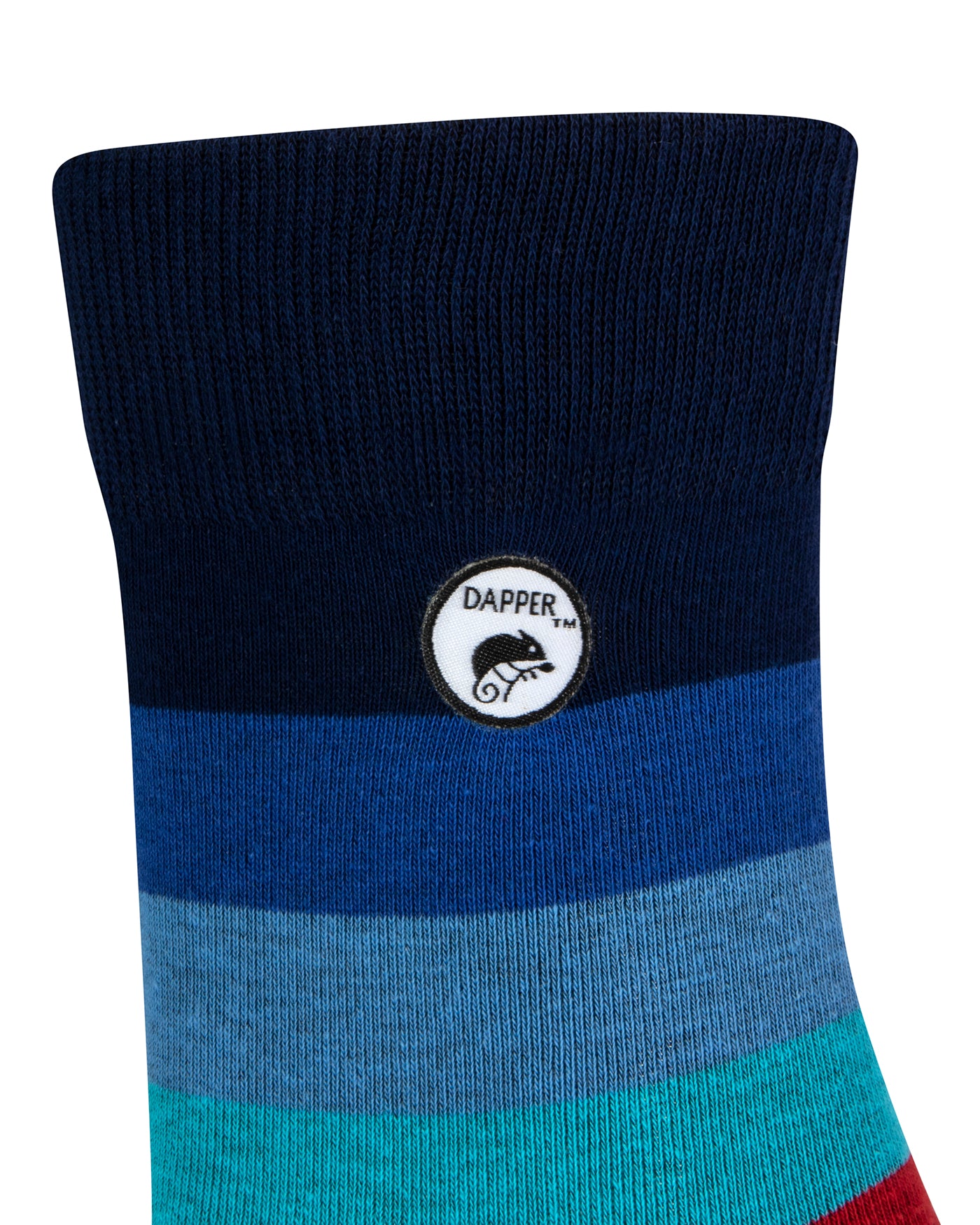 Side view of a combed cotton dark blue seamless toe anklet with blue, red and maroon stripes and Dapper Chameleon logo.