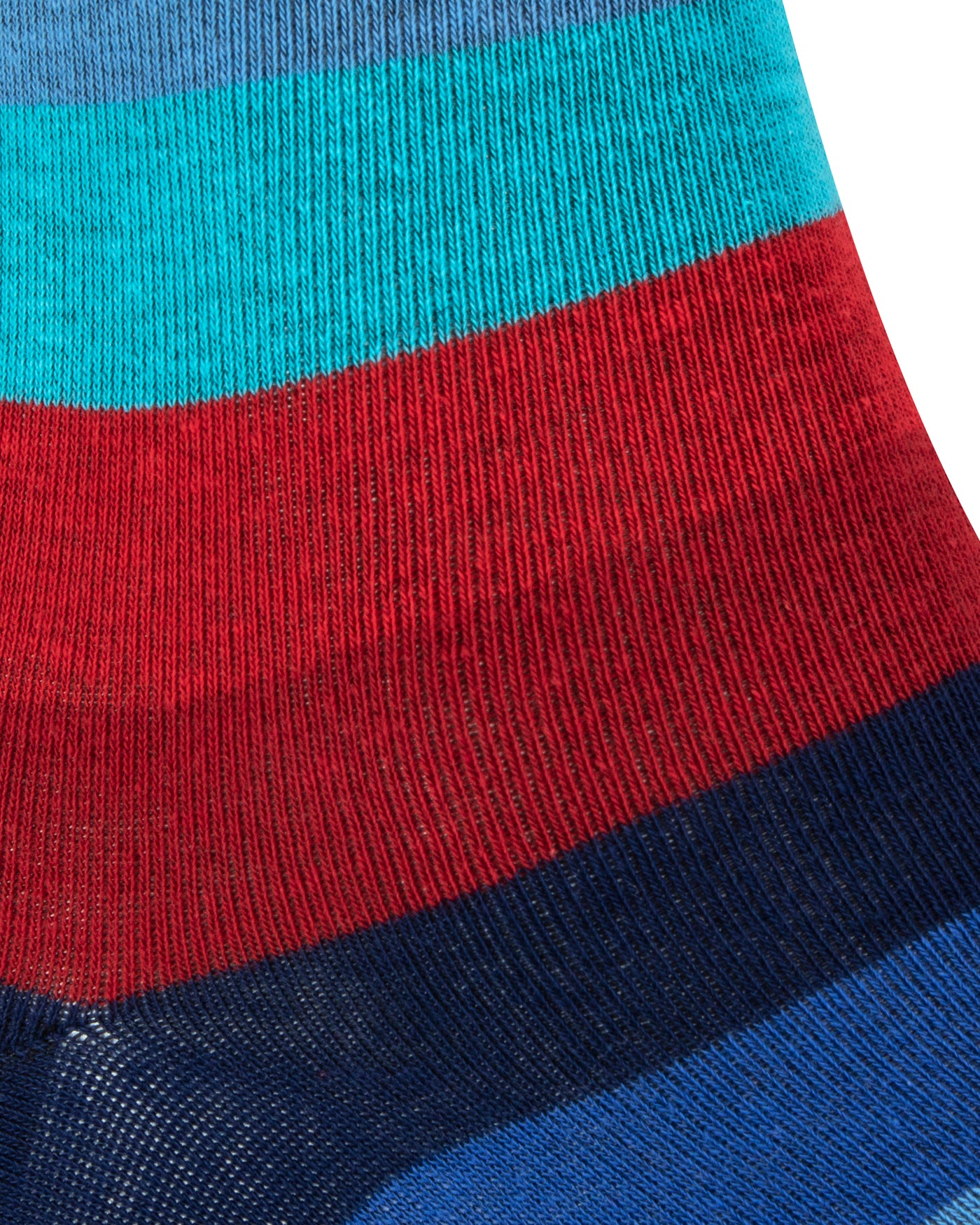 Textured view of a combed cotton dark blue seamless toe anklet with blue, red and maroon stripes.