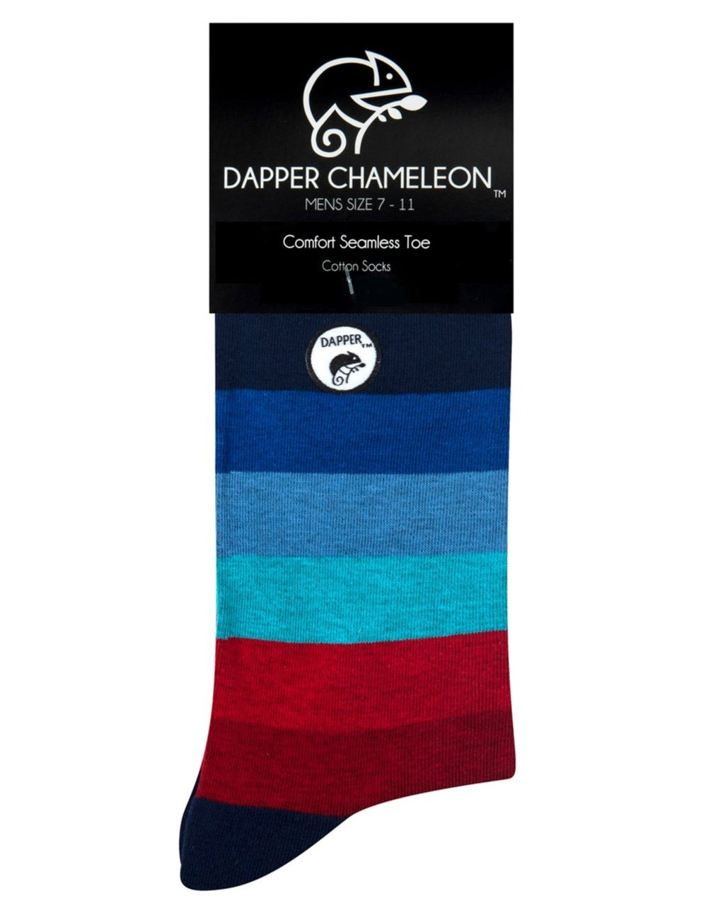 Header card packaging of a combed cotton dark blue seamless toe anklet with blue, red and maroon stripes with a dark blue heel and toe.