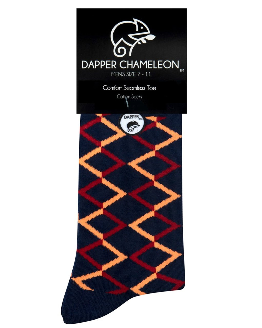 Header card packaging of a combed cotton dark navy seamless toe anklet with a red and orange diamond shape design with a dark navy heel and toe.