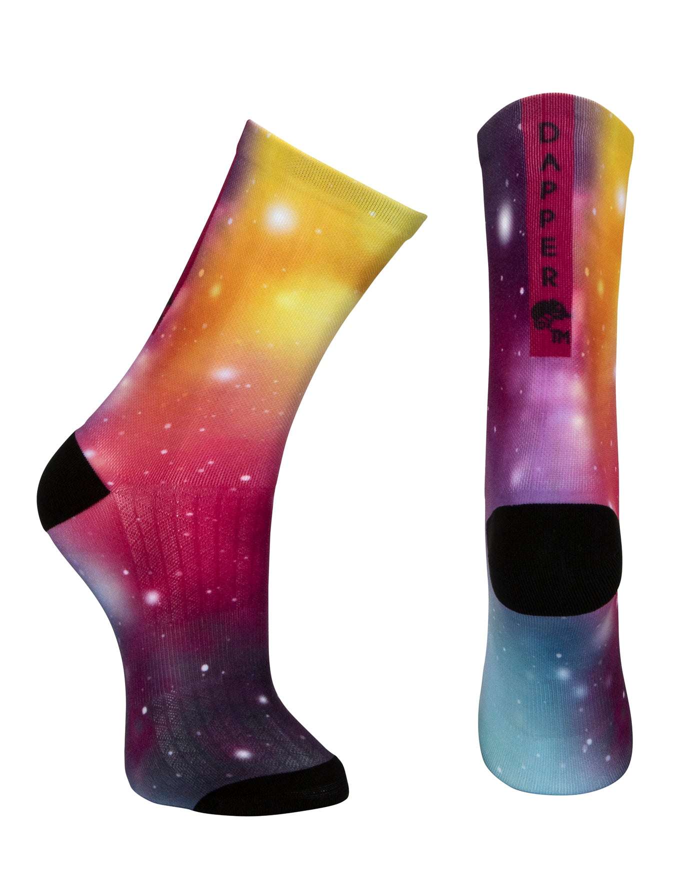 Seamless toe sock with a multi-colour galaxy print and black heel and toe.