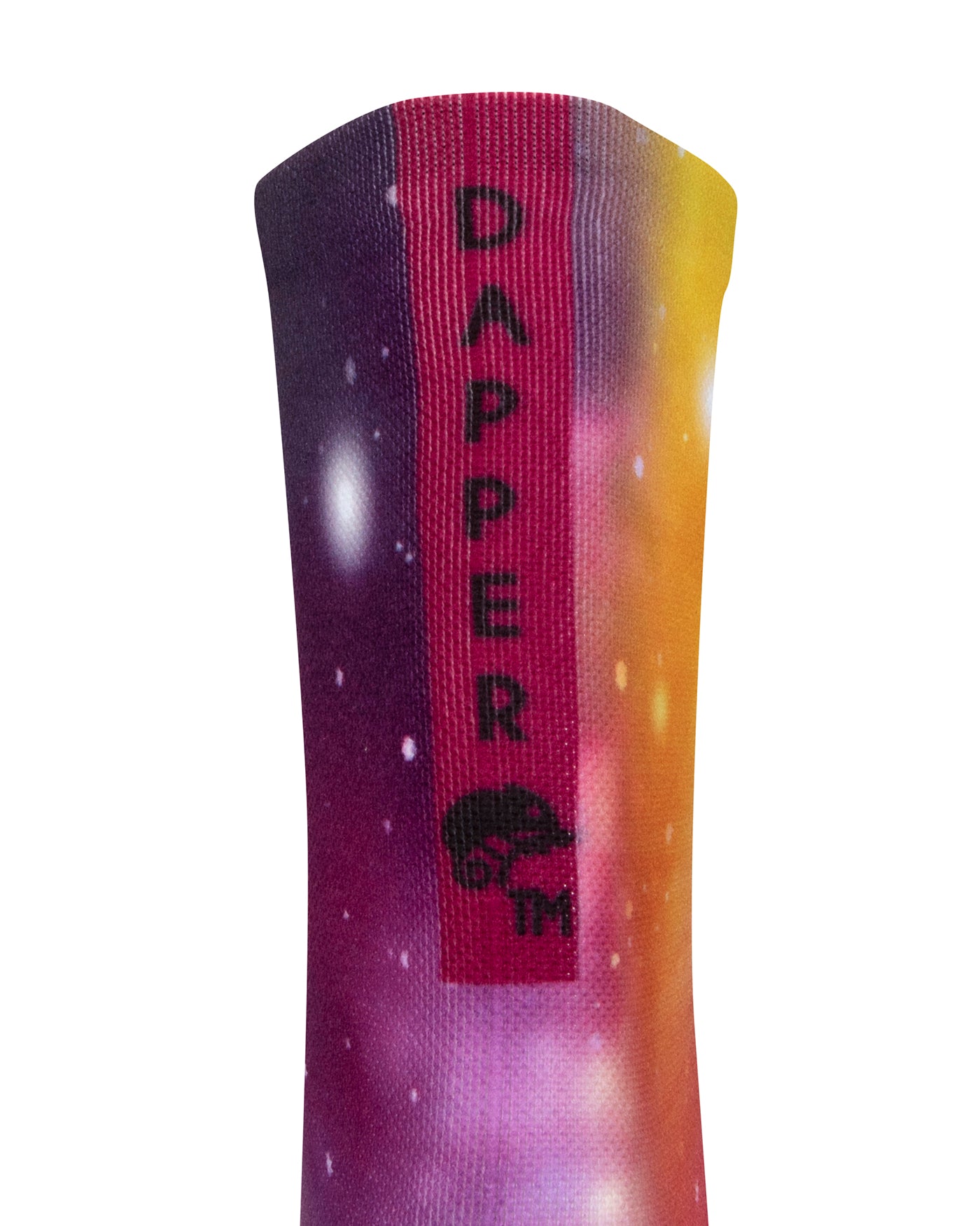 Back view of seamless toe sock with a multi-colour galaxy print design and a maroon purple strip with Dapper Chameleon wording and logo in black.