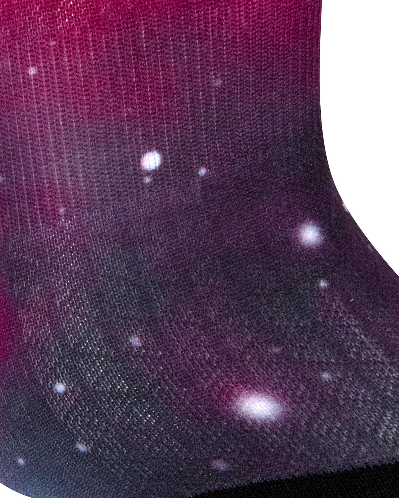 Textured view of seamless toe sock with a multi-colour galaxy print and black toe.