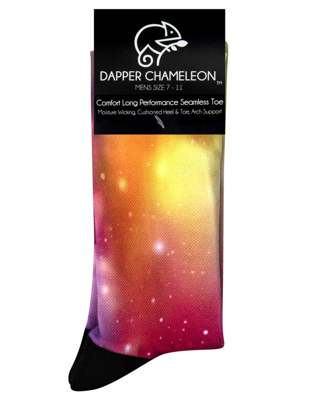 Header card packaging of the Galaxy Bold Active Print seamless toe sock with vibrant galaxy print design with a black heel and toe.