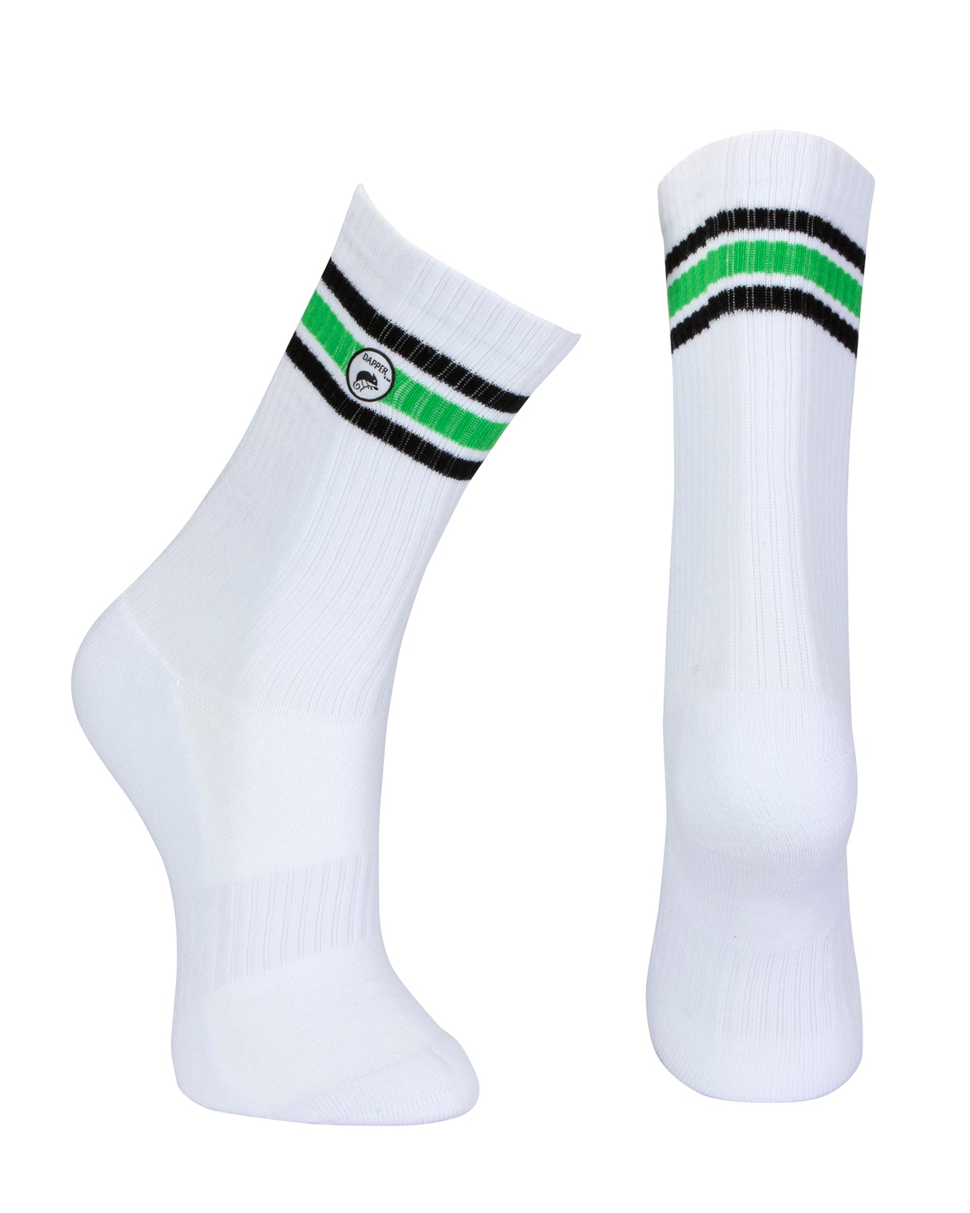 Long length ribbed white combed cotton seamless toe anklet with black and neon green stripes with a white heel and toe, cushioned foot and circular gripper around the arch of the foot.