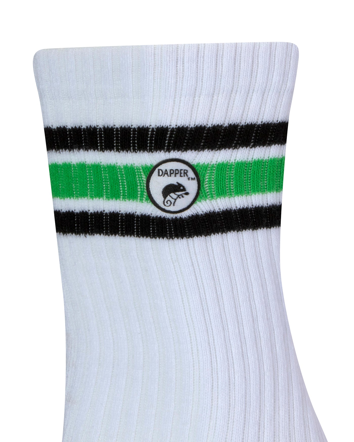 Side view of a long length ribbed white combed cotton seamless toe anklet with black and neon green stripes with Dapper Chameleon logo.