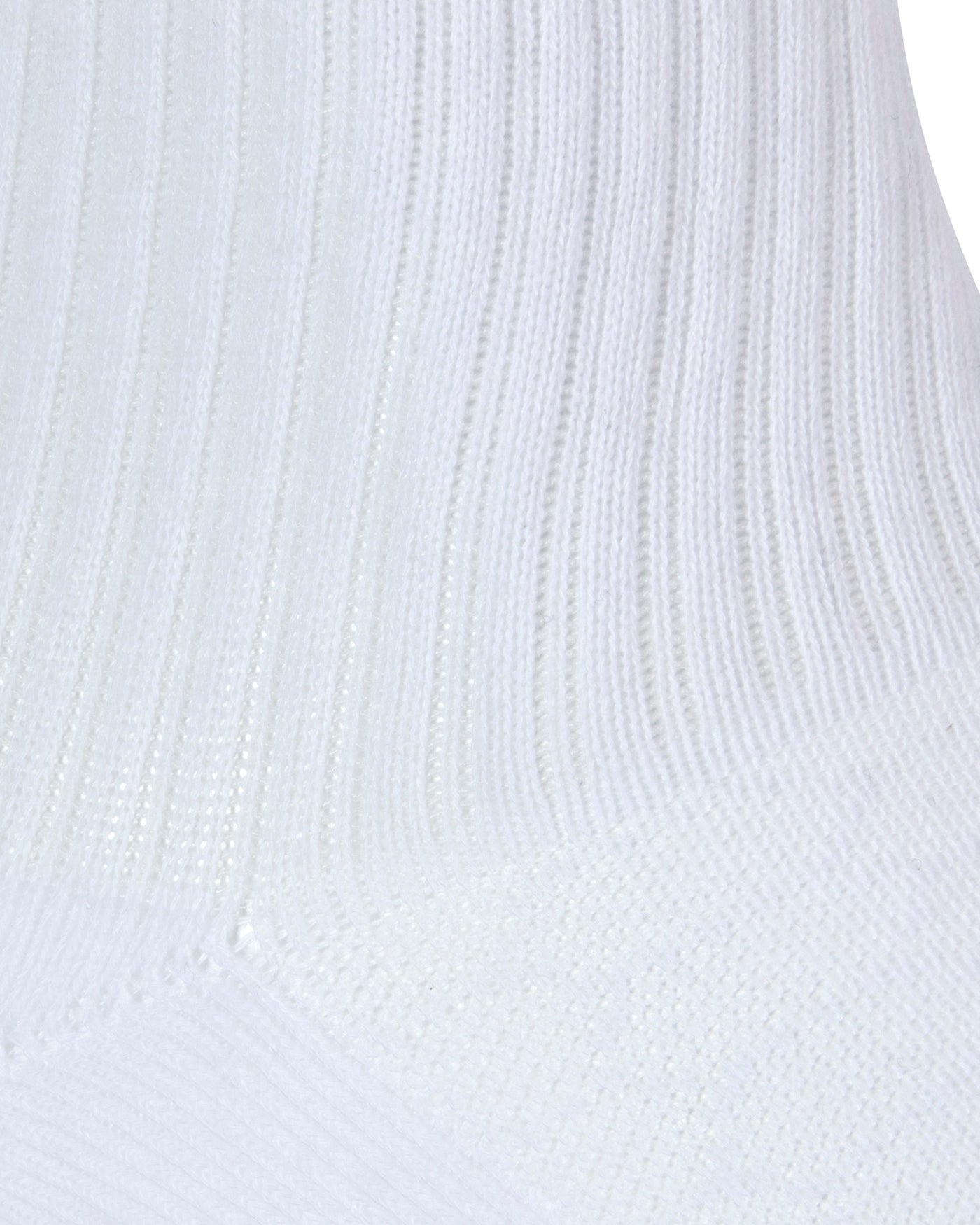 Textured view of a long length ribbed white combed cotton seamless toe anklet with a white heel.