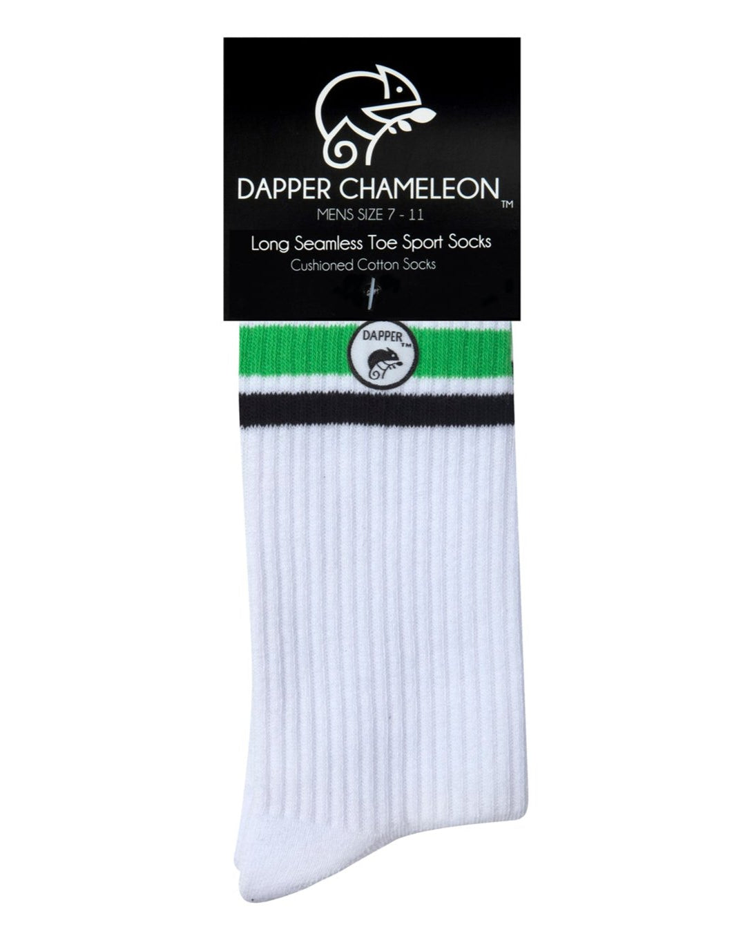 Header card packaging of a long length ribbed white combed cotton seamless toe anklet with black and neon green stripes with a white heel and toe, cushioned foot and circular gripper around the arch of the foot.