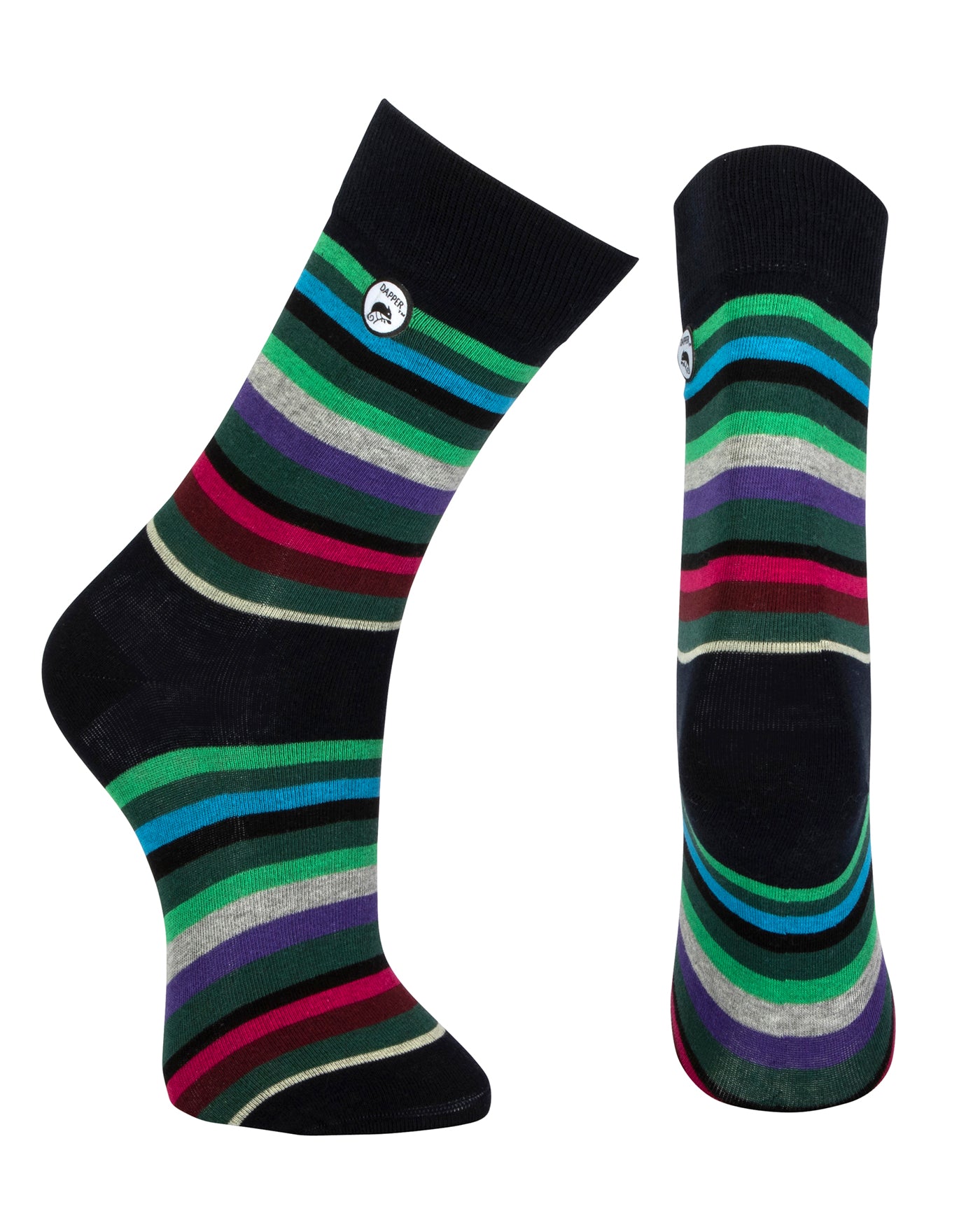 Combed cotton black seamless toe anklet with green, blue, black, grey, purple and pastel yellow stripes with a black heel and toe.