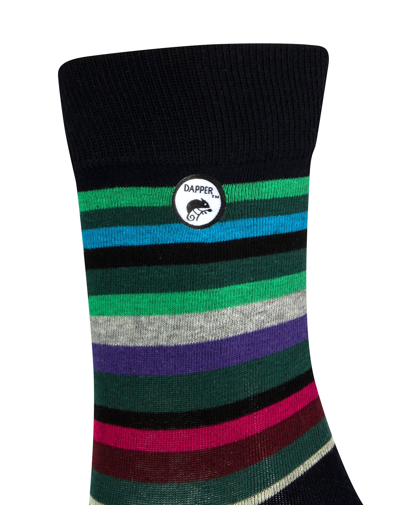 Side view of a combed cotton black seamless toe anklet with green, blue, black, grey, purple and pastel yellow stripes with a black heel and Dapper Chameleon logo.