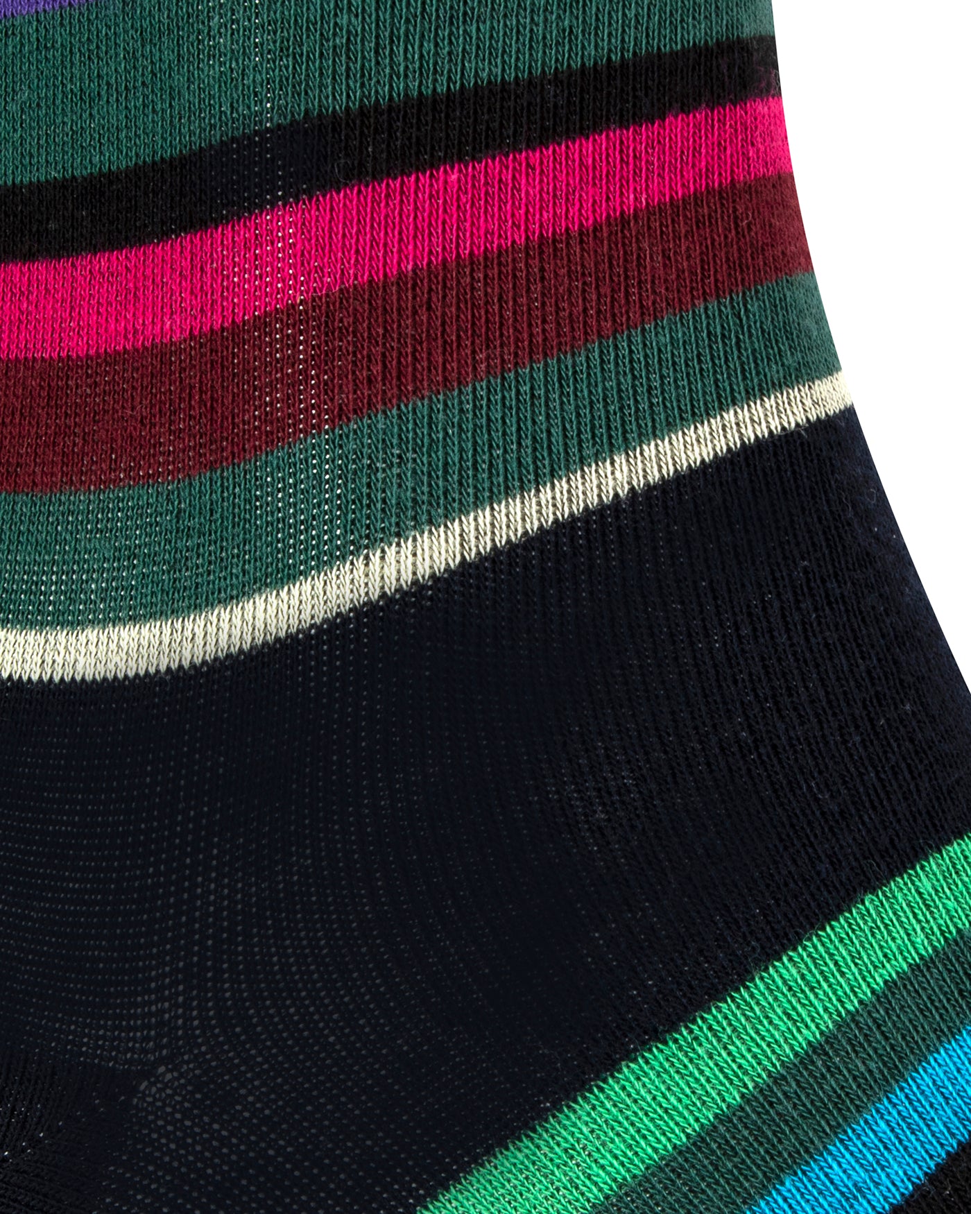 Textured view of a combed cotton black seamless toe anklet with green, blue, black, purple and pastel yellow stripes.