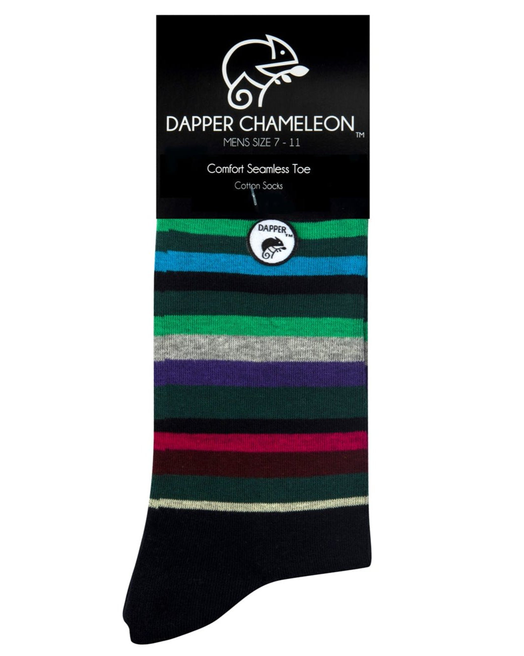 Header card packaging of a combed cotton black seamless toe anklet with green, blue, black, grey, purple and pastel yellow stripes with a black heel and toe.