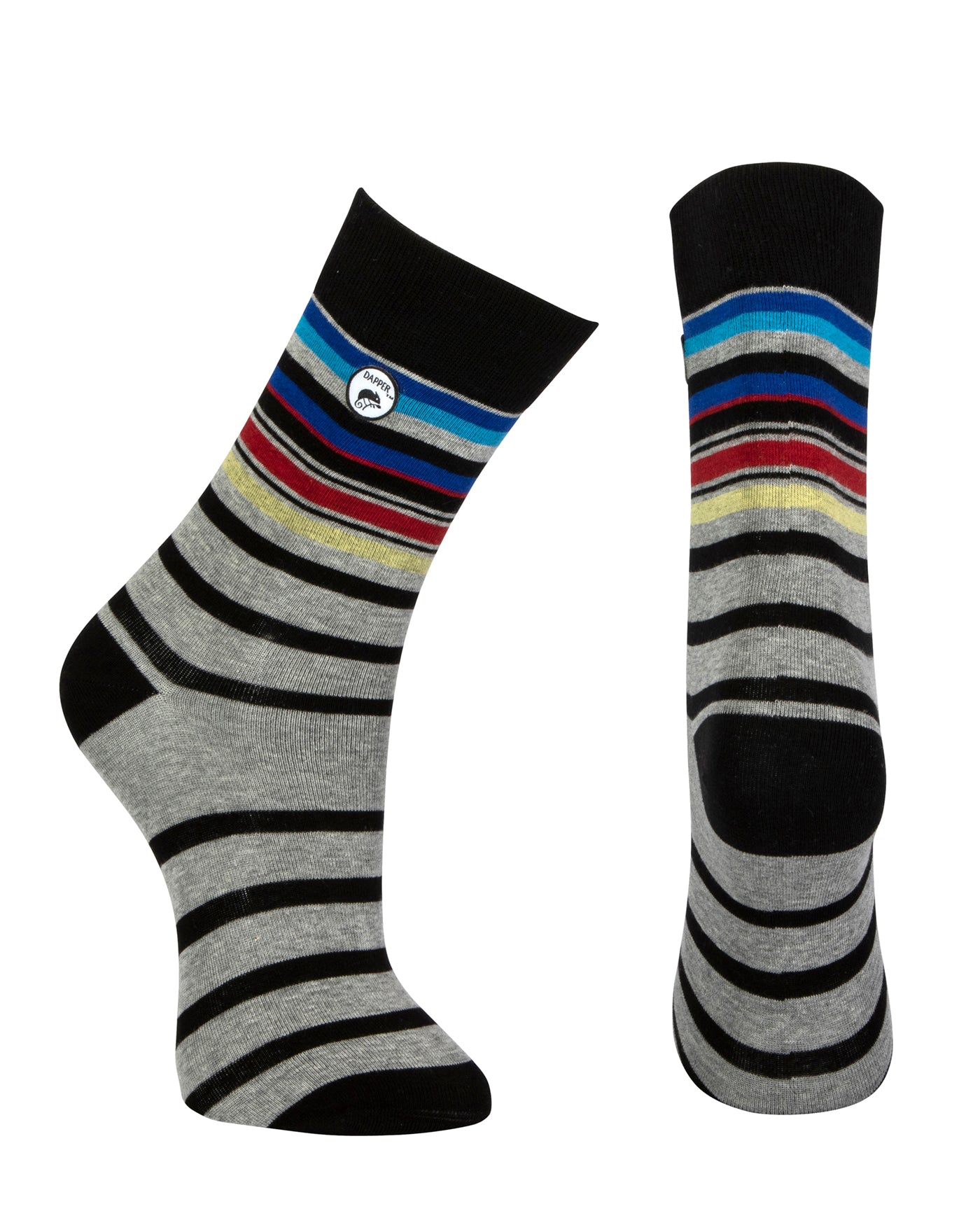 Combed cotton grey seamless toe anklet with royal blue, sky blue, black, maroon, stripes with a black heel and toe.