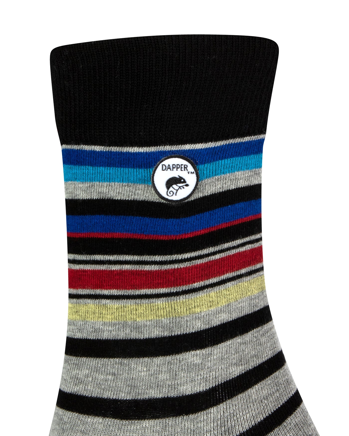 Side view of a combed cotton grey seamless toe anklet with royal blue, sky blue, black, maroon, stripes with a black cuff and Dapper Chameleon logo.