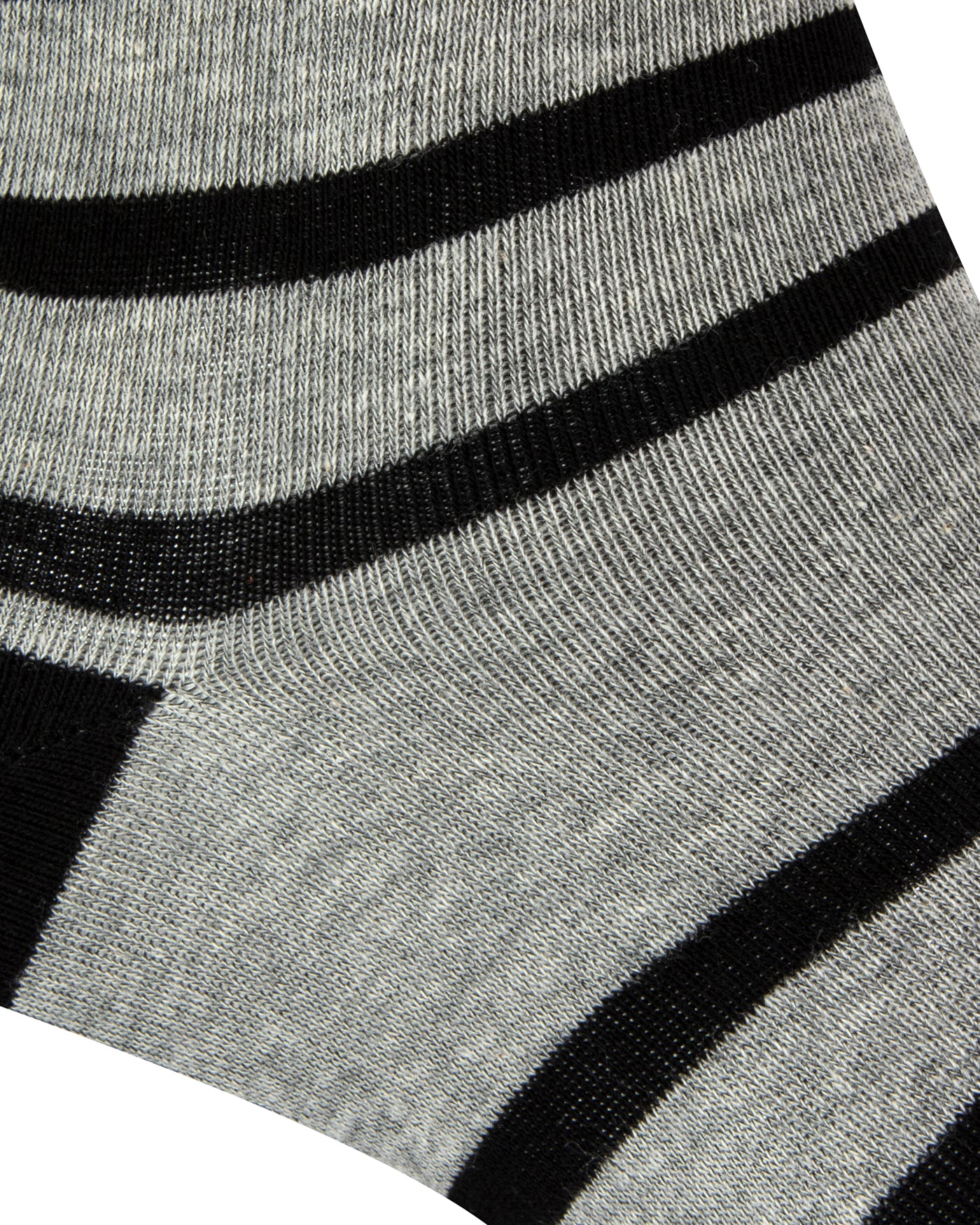 Textured heel view of a combed cotton grey seamless toe anklet with black stripes with a black heel.