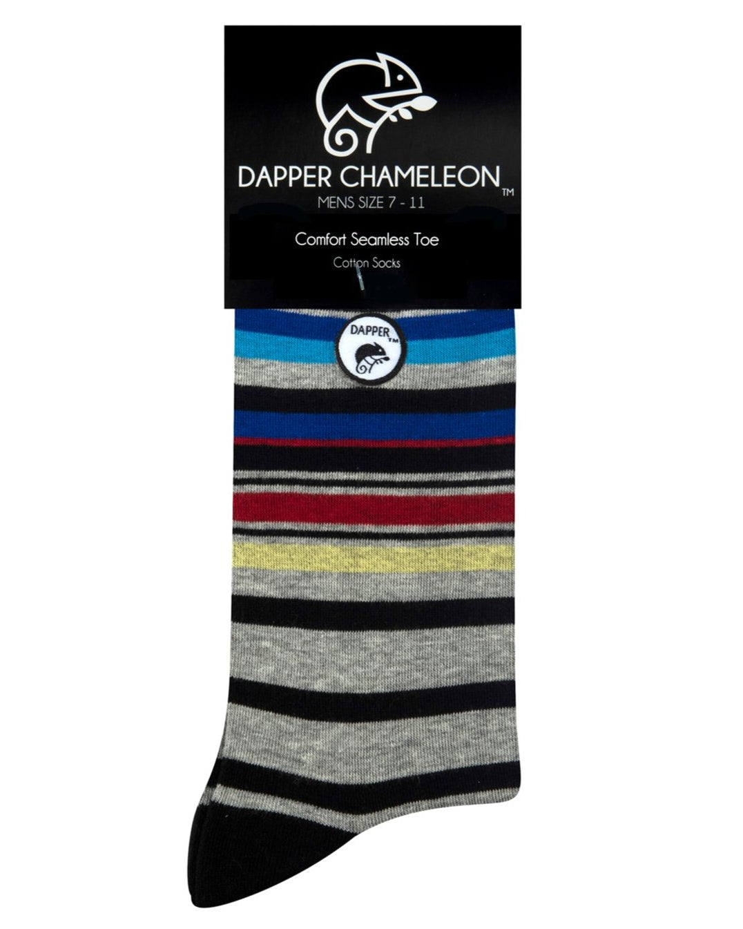 Header card packaging of a combed cotton grey seamless toe anklet with royal blue, sky blue, black, maroon, stripes with a black heel and toe.