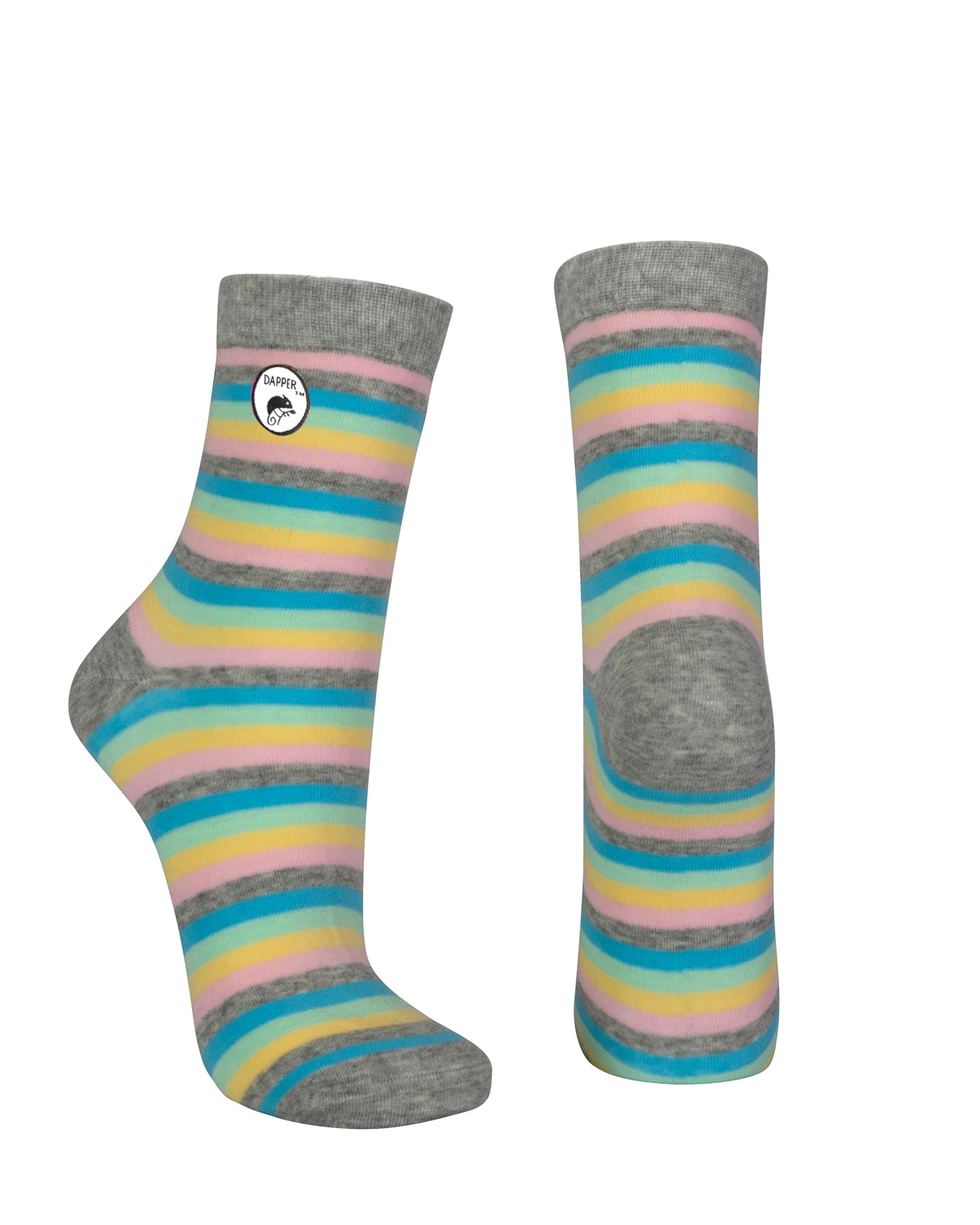 Combed cotton grey seamless toe anklet with pastel pink, teal green, mint, pink and grey stripes with a grey heel and toe.