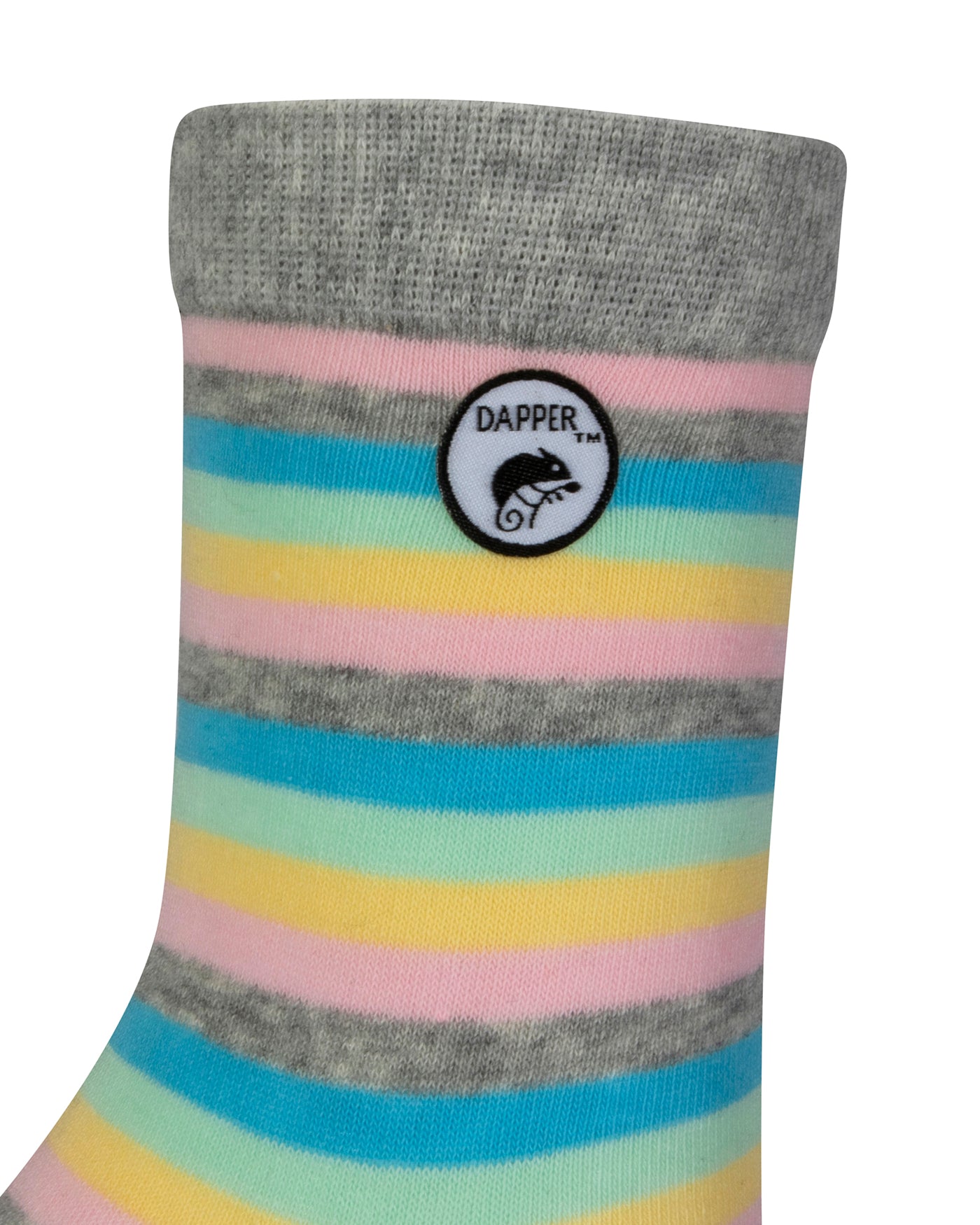 Side view of a combed cotton grey seamless toe anklet with pastel pink, teal green, mint, pink and grey stripes with Dapper Chameleon logo.