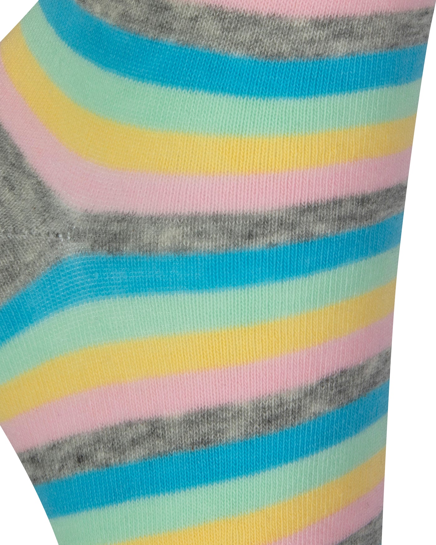 Textured heel view of a combed cotton grey seamless toe anklet with pastel pink, teal green, mint, pink and grey stripes with a grey heel.
