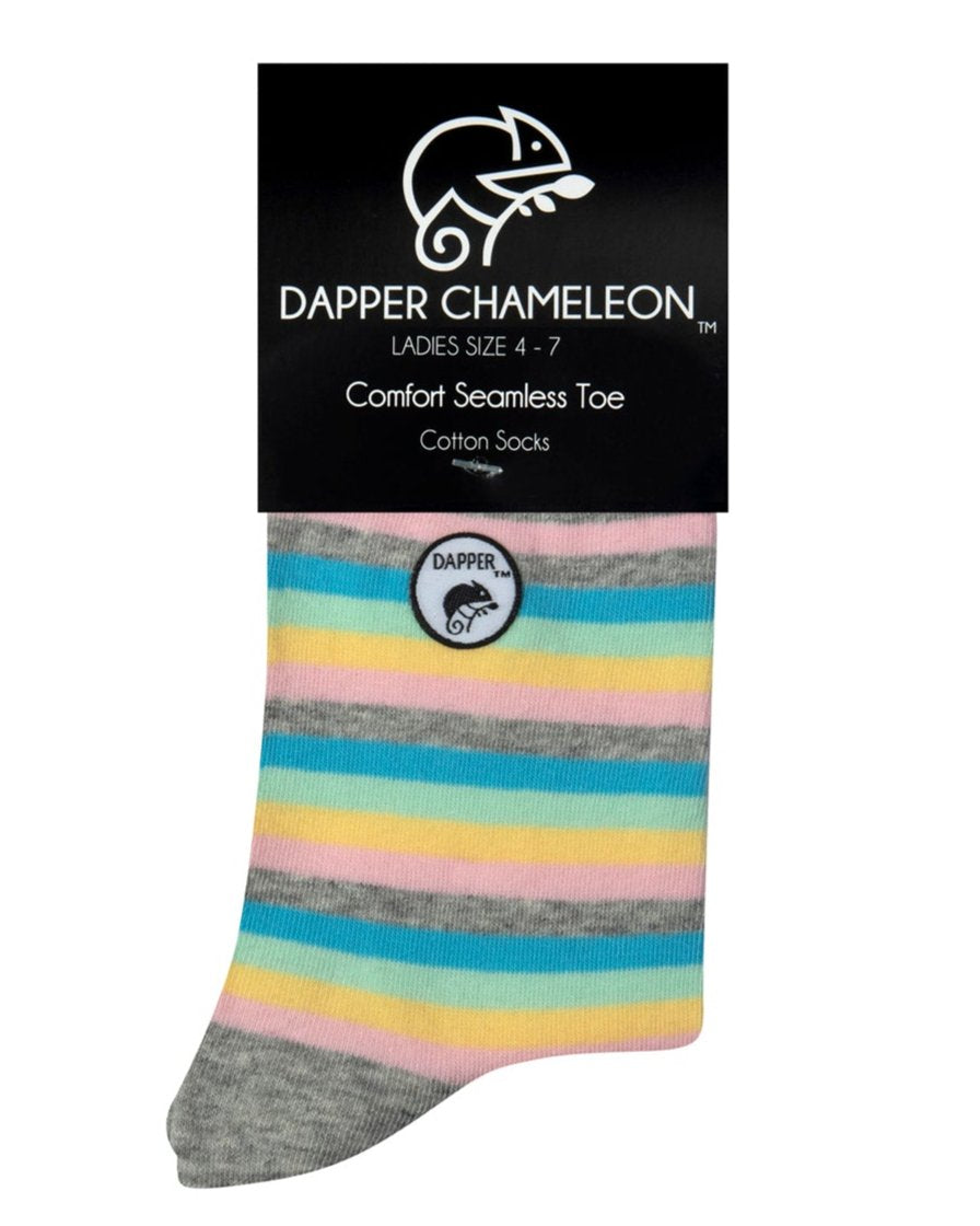Header card packaging of a combed cotton grey seamless toe anklet with pastel pink, teal green, mint, pink and grey stripes with a grey heel and toe.
