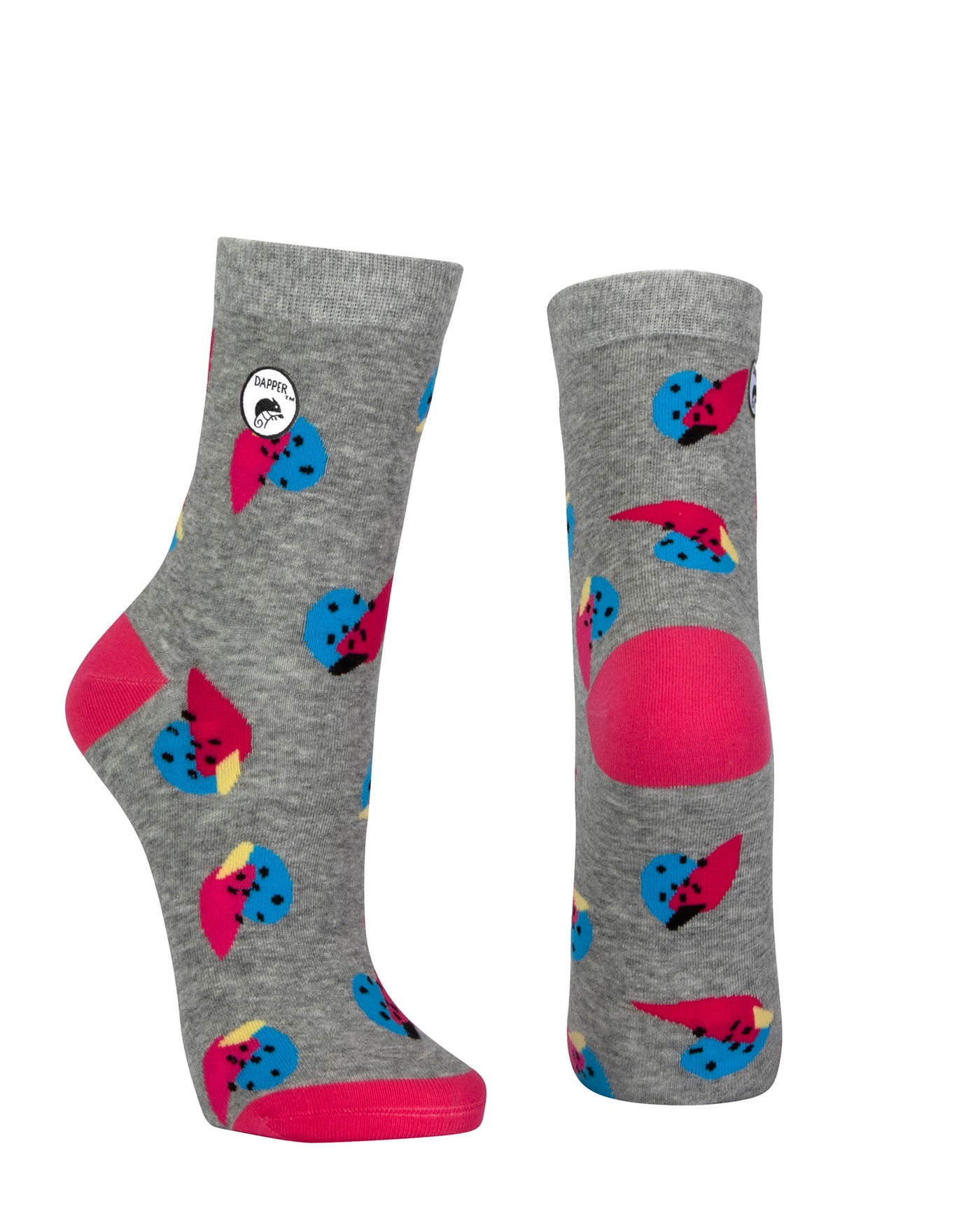 Combed cotton grey seamless toe anklet with cerise pink and blue fruit with a cerise heel and toe.